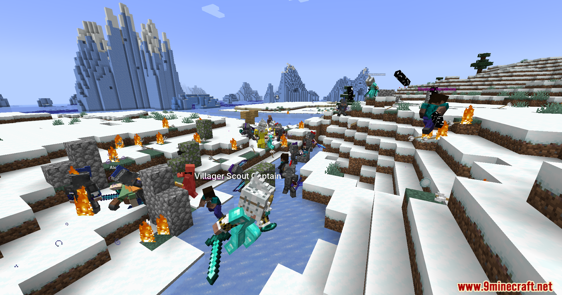 Annoying Villagers X Epicfight Resurrection Mod Screenshot 9 Large battle between players and armed villagers in a snowy ice biome