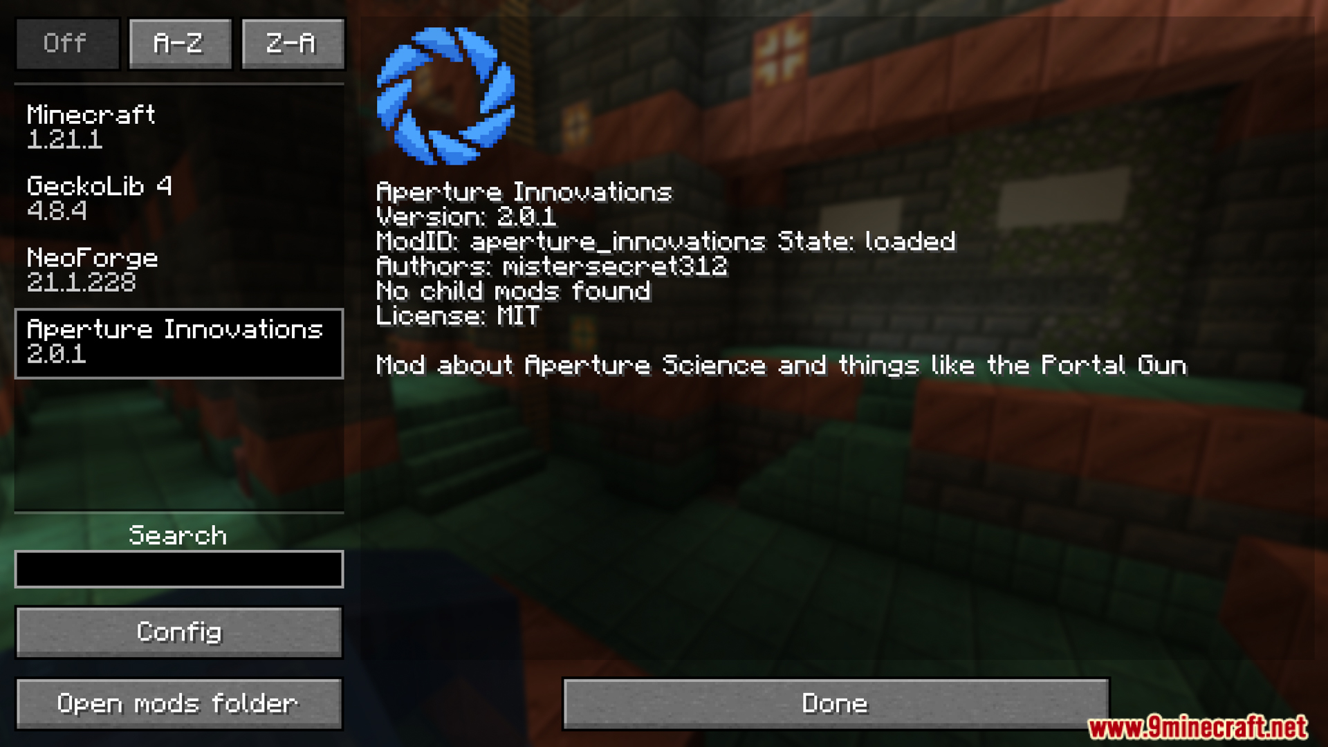 Aperture Innovations mod information screen in Minecraft