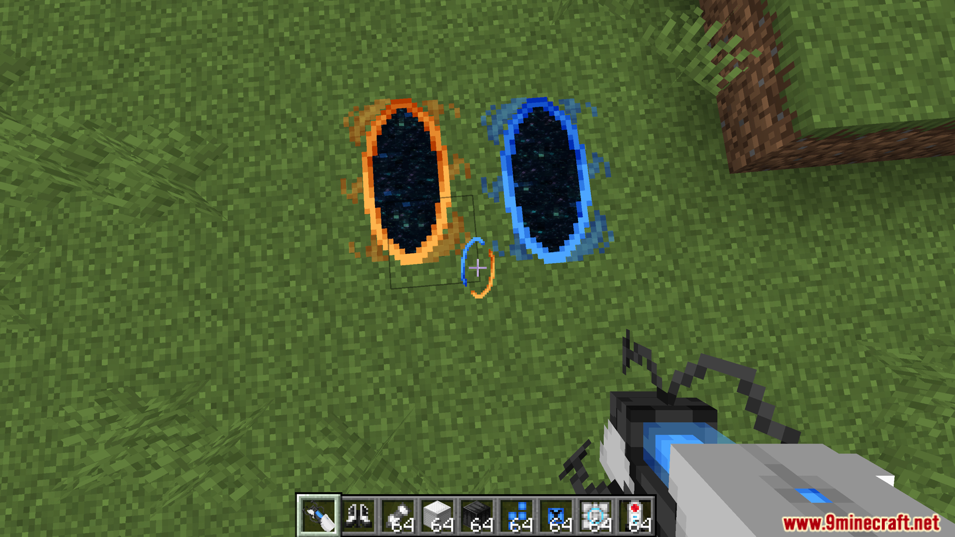 Player holding a Portal Gun with two portals