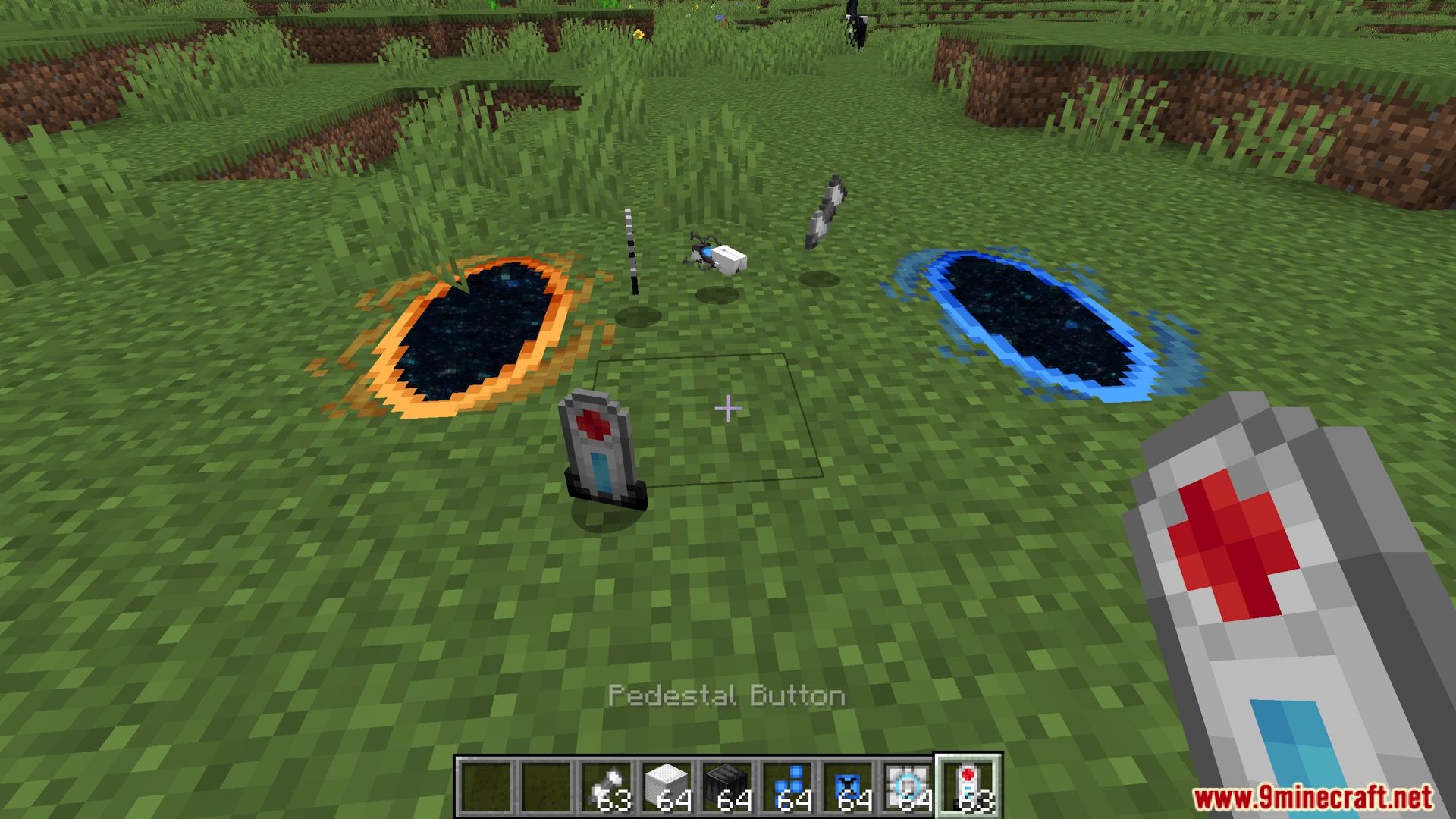 Player holding a Portal Gun near buttons and turrets