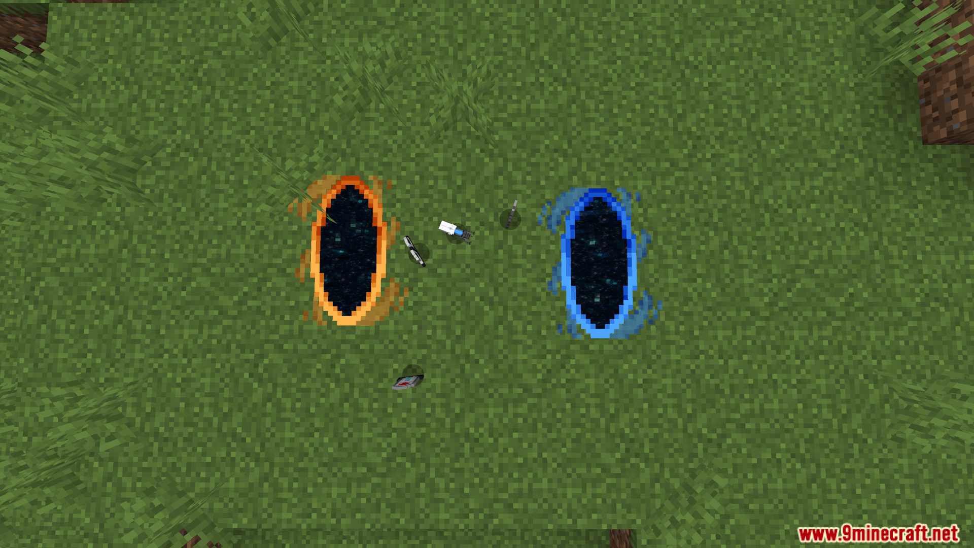Top-down view of the orange and blue portals