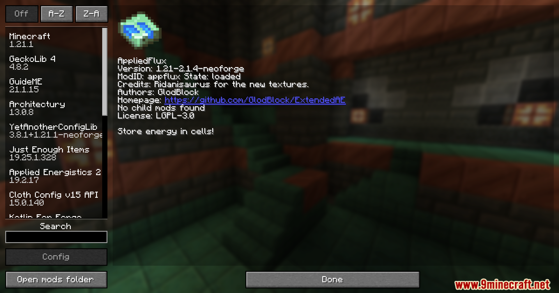 Minecraft mod menu interface showing details and description for the Applied Flux mod