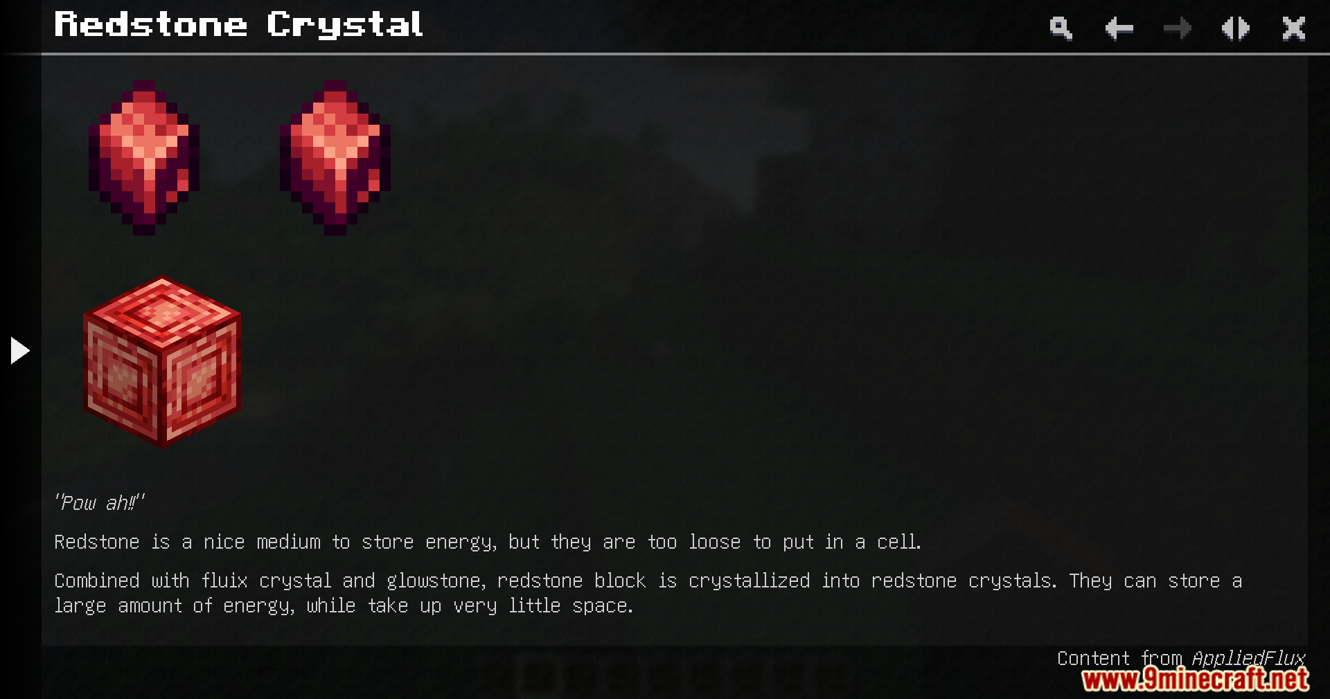 Guidebook entry describing the crafting and energy storage of Redstone Crystals
