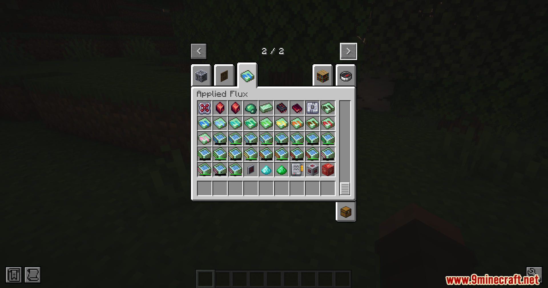 Applied Flux creative inventory tab showing various energy storage cells and items