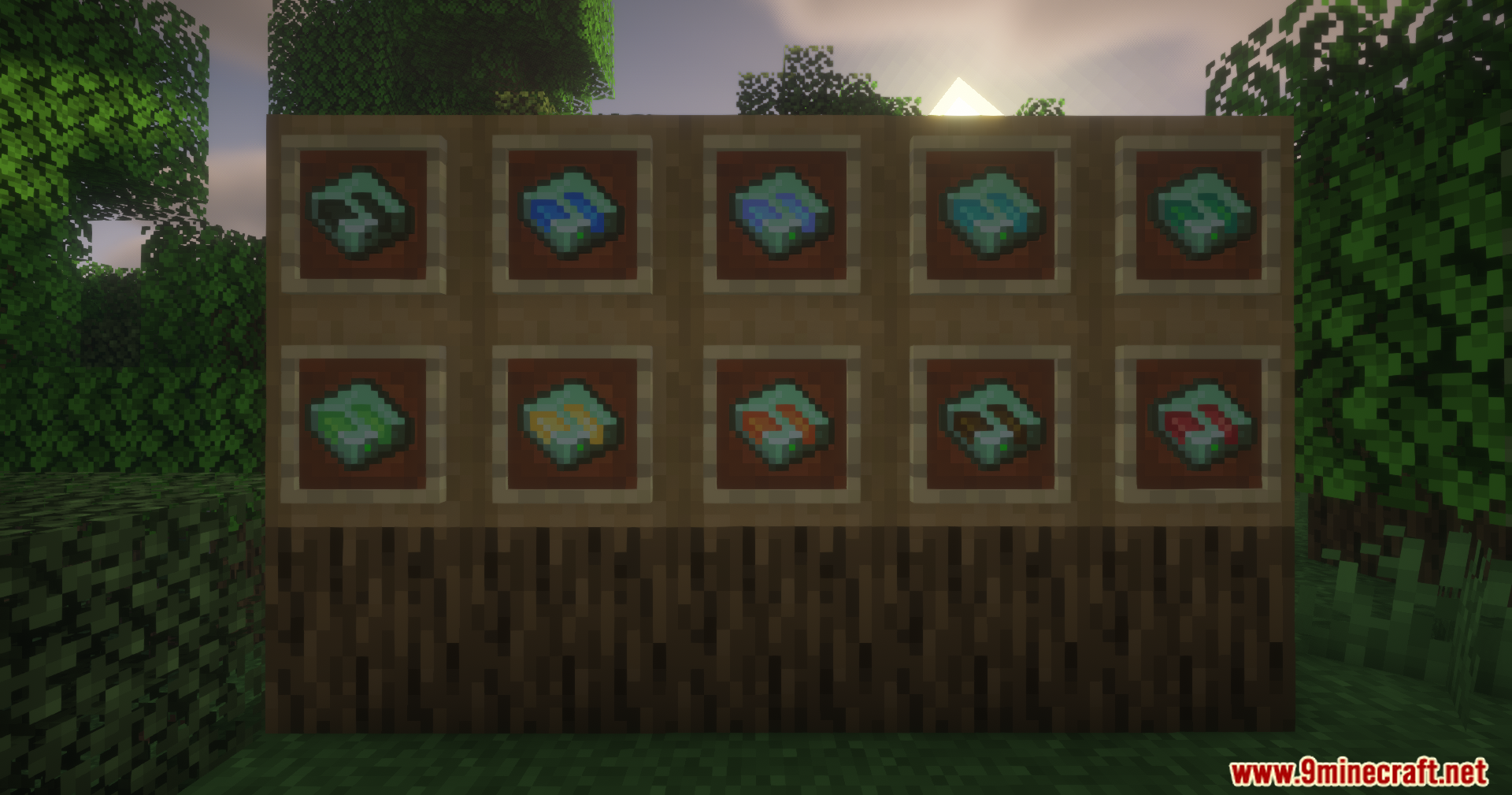 Ten different energy storage cells displayed in item frames on wooden blocks