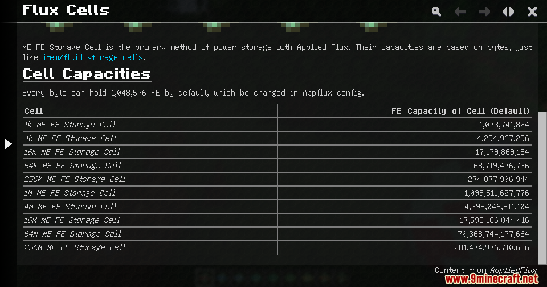 A table listing the energy capacities for various tiers of flux cells