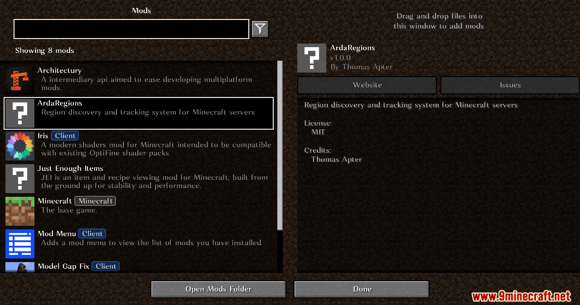Arda Regions Mod Screenshot 1 Mod menu interface displaying details and information for the ArdaRegions add on
