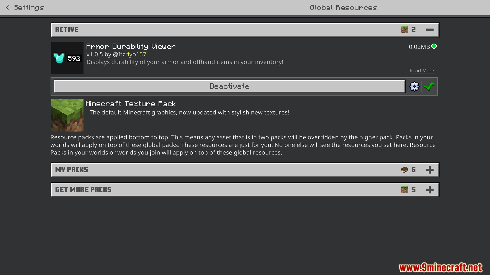 Armor Durability Viewer Texture Pack Screenshot 1 Activating the resource pack in the global resources settings menu