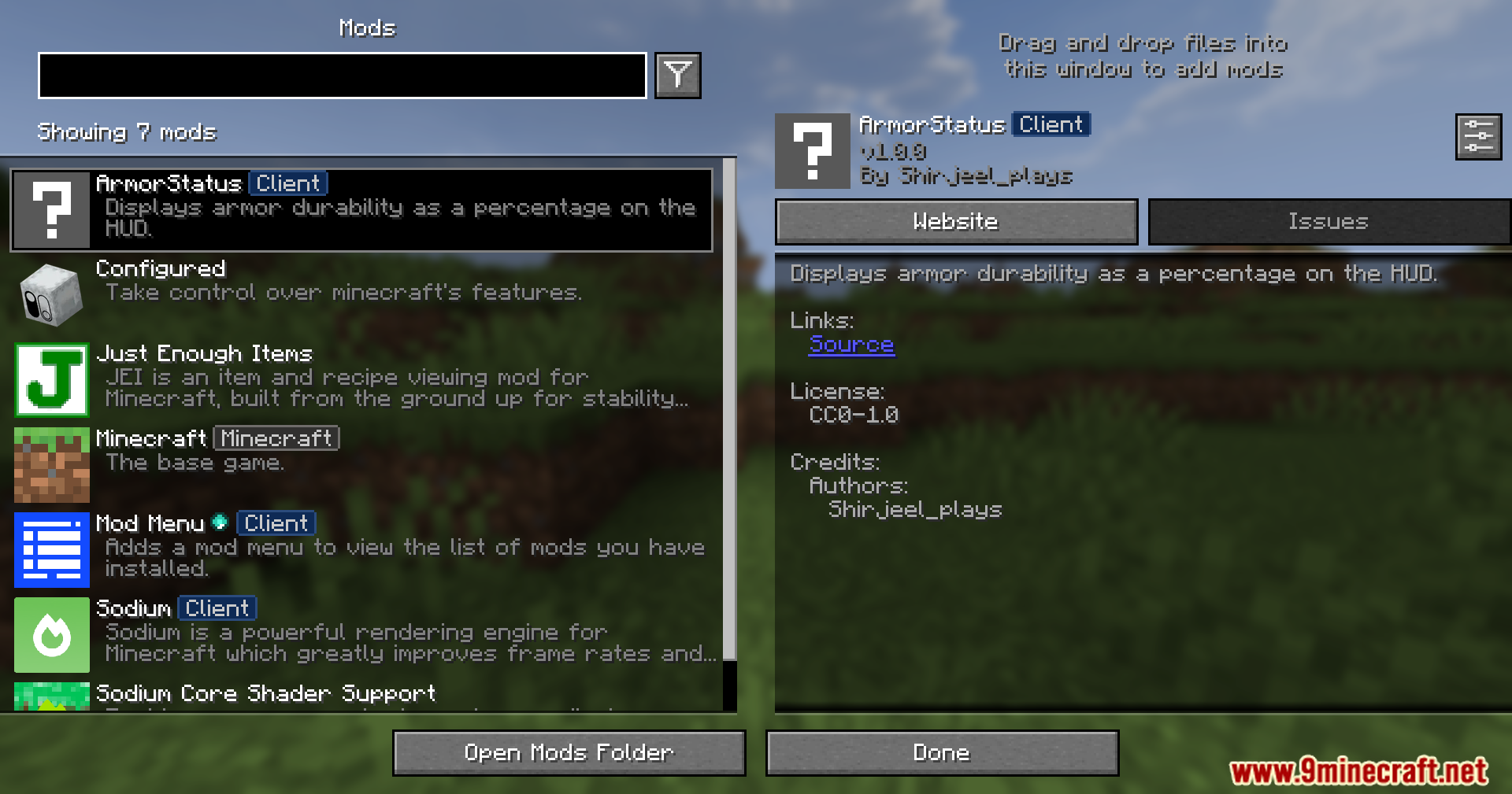 Armor Status Mod Screenshot 1 The Minecraft mod menu interface displaying information about the ArmorStatus Client mod
