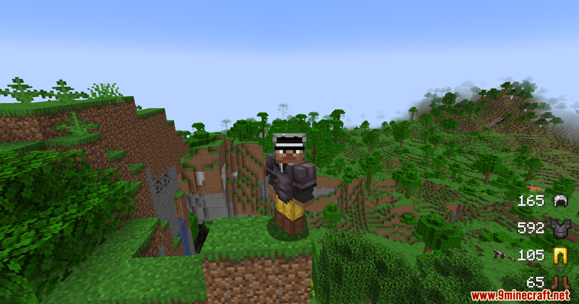 Armor Status Mod Screenshot 11 A player wearing armor stands on a dirt pillar overlooking a vast jungle