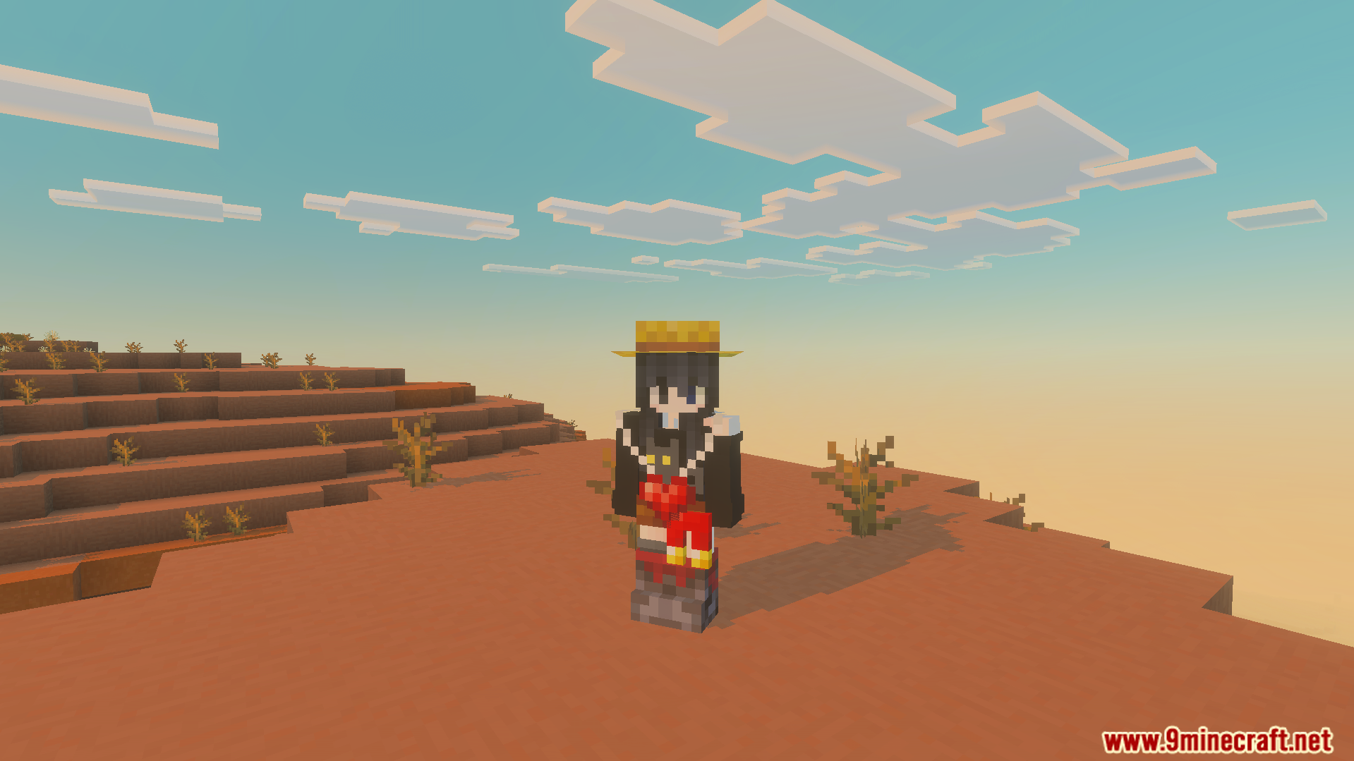 Player character standing outdoors wearing equipped special gear including a red crystal heart