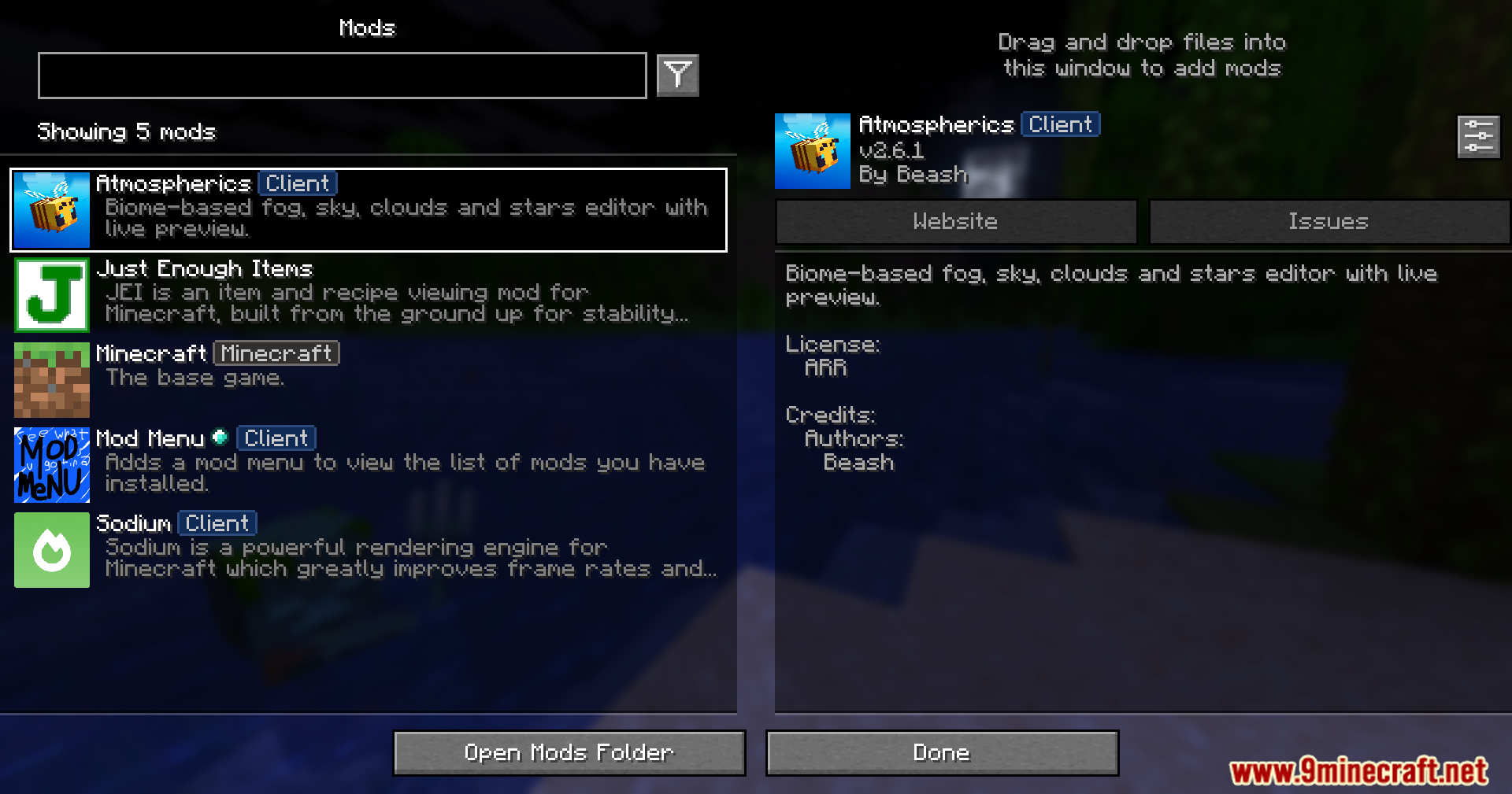 Minecraft's mod menu displaying a list of installed client-side modifications