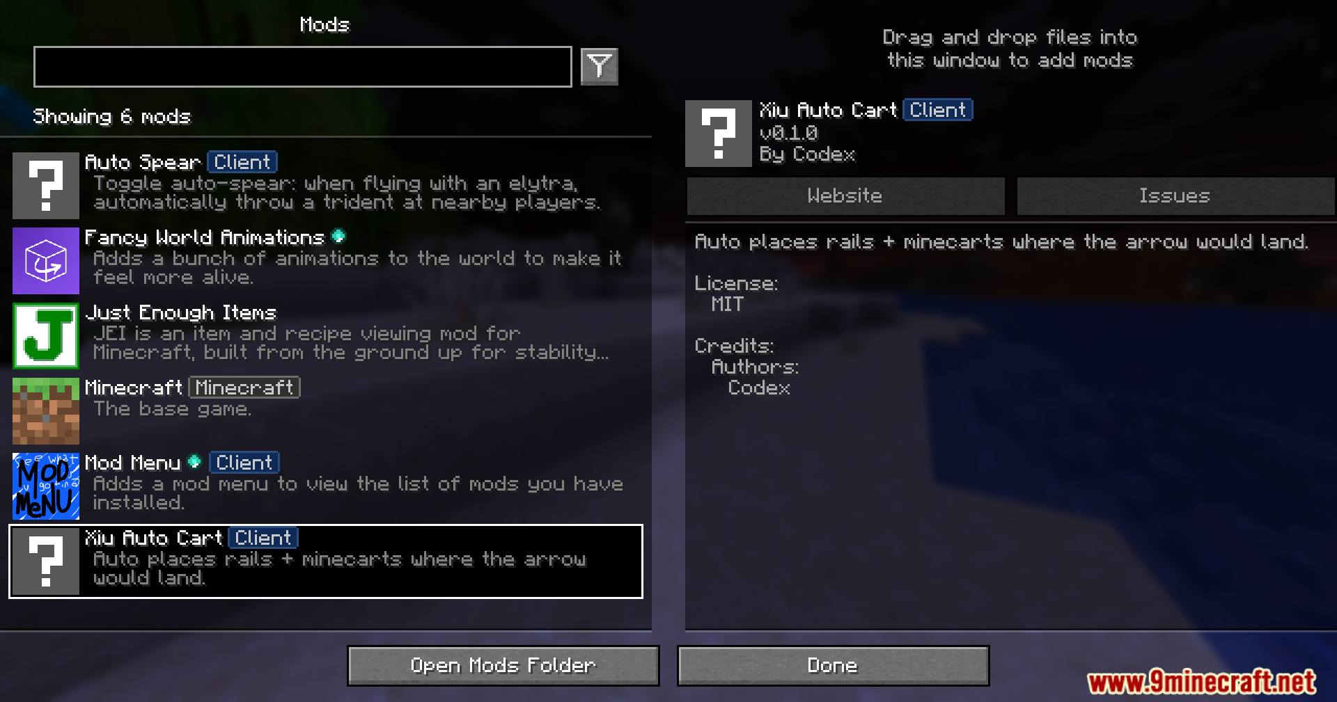 Xiu Auto Cart mod in the mods list menu