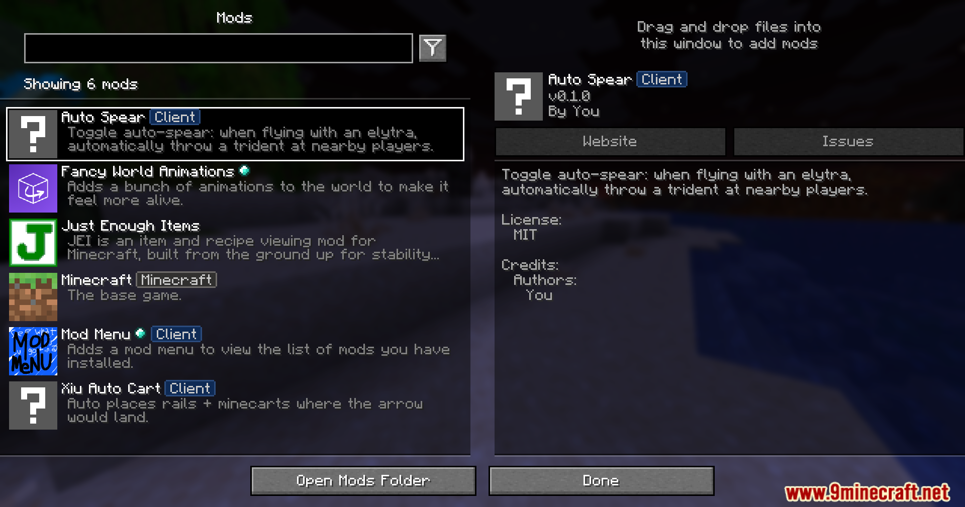 Auto Spear Client mod in the mods menu