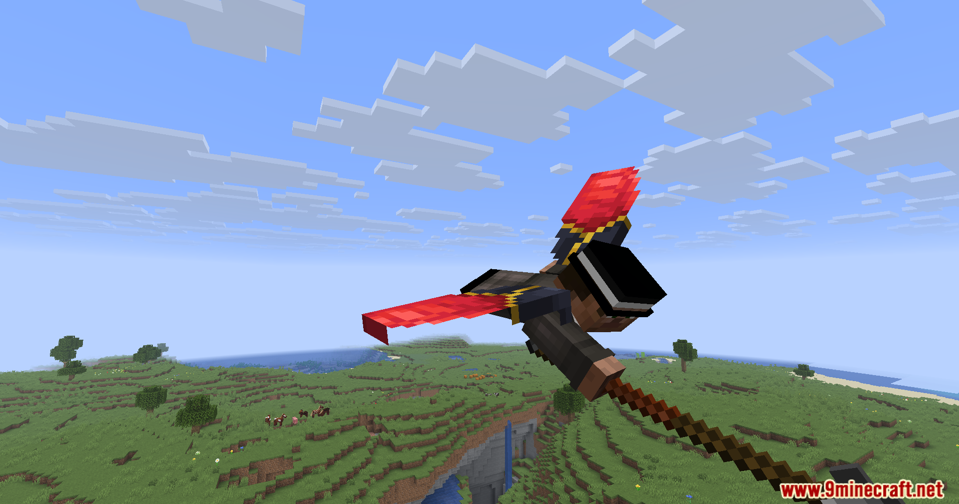 A player gliding over the landscape with a winged spear