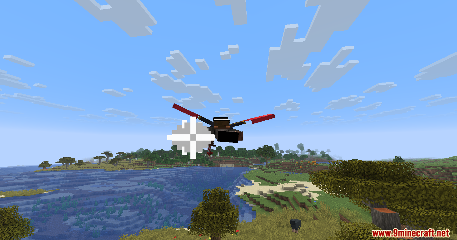 Player with red wings flying over the ocean