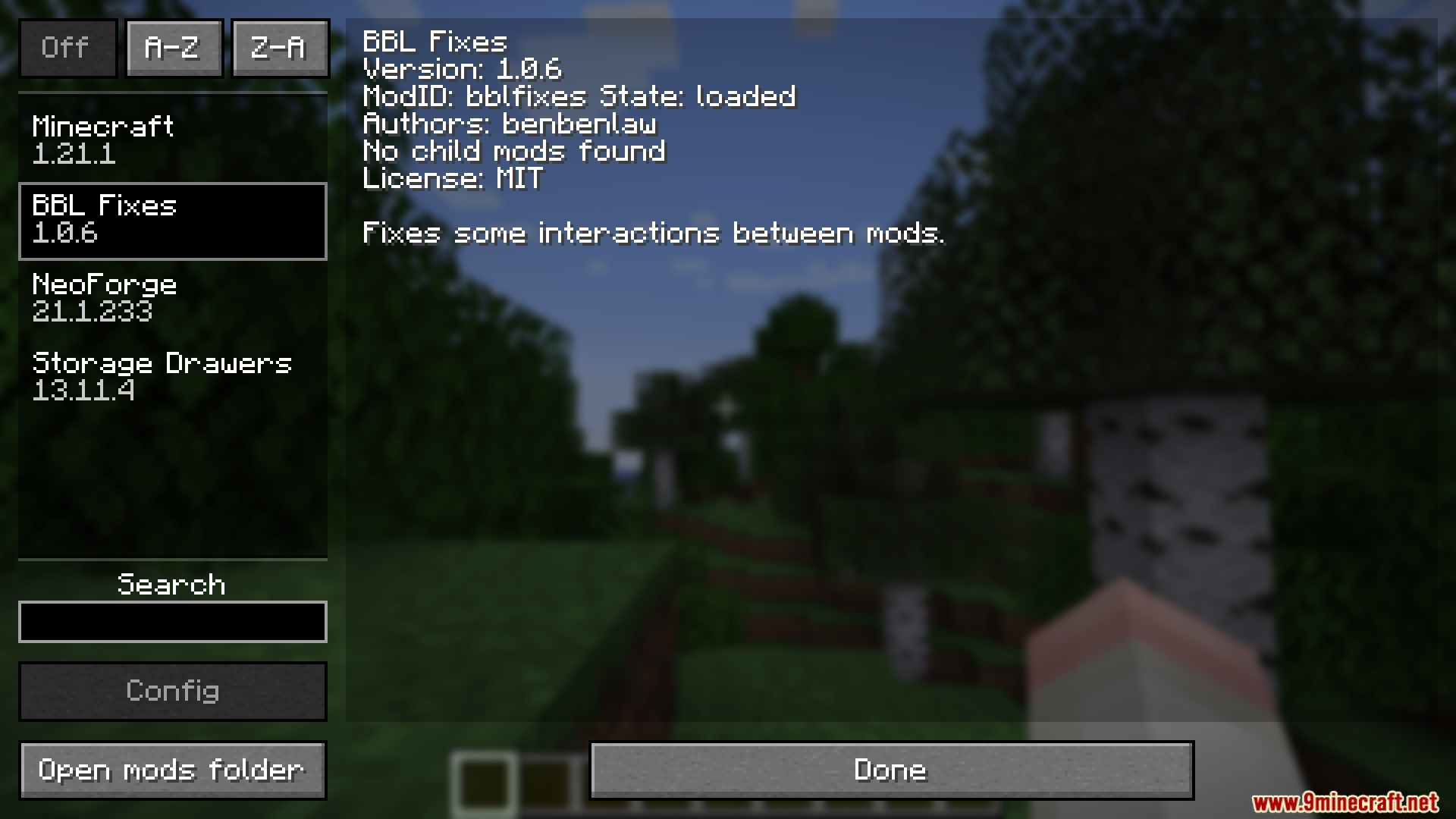 BBL Fixes Mod Screenshot 1 The Minecraft mod menu screen displaying information about the BBL Fixes mod