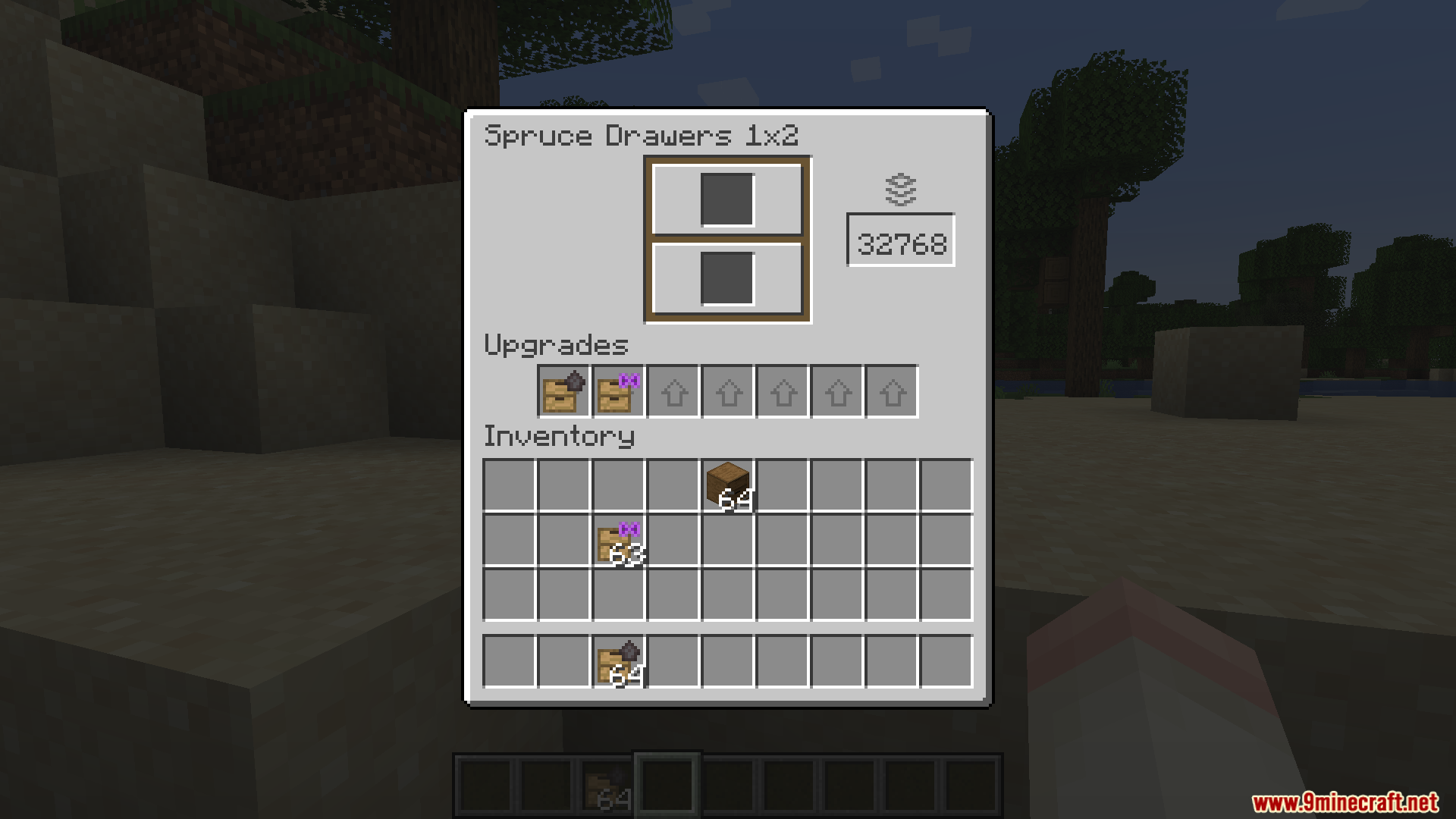 BBL Fixes Mod Screenshot 3 Interface for Spruce Drawers showing storage capacity and various upgrade slots