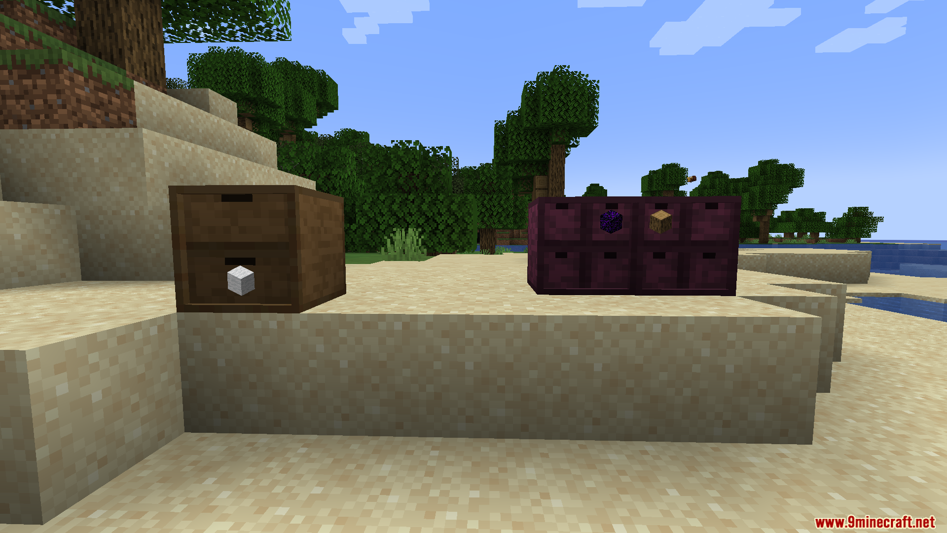 BBL Fixes Mod Screenshot 8 A brown drawer and a crimson drawer sitting on sand in Minecraft