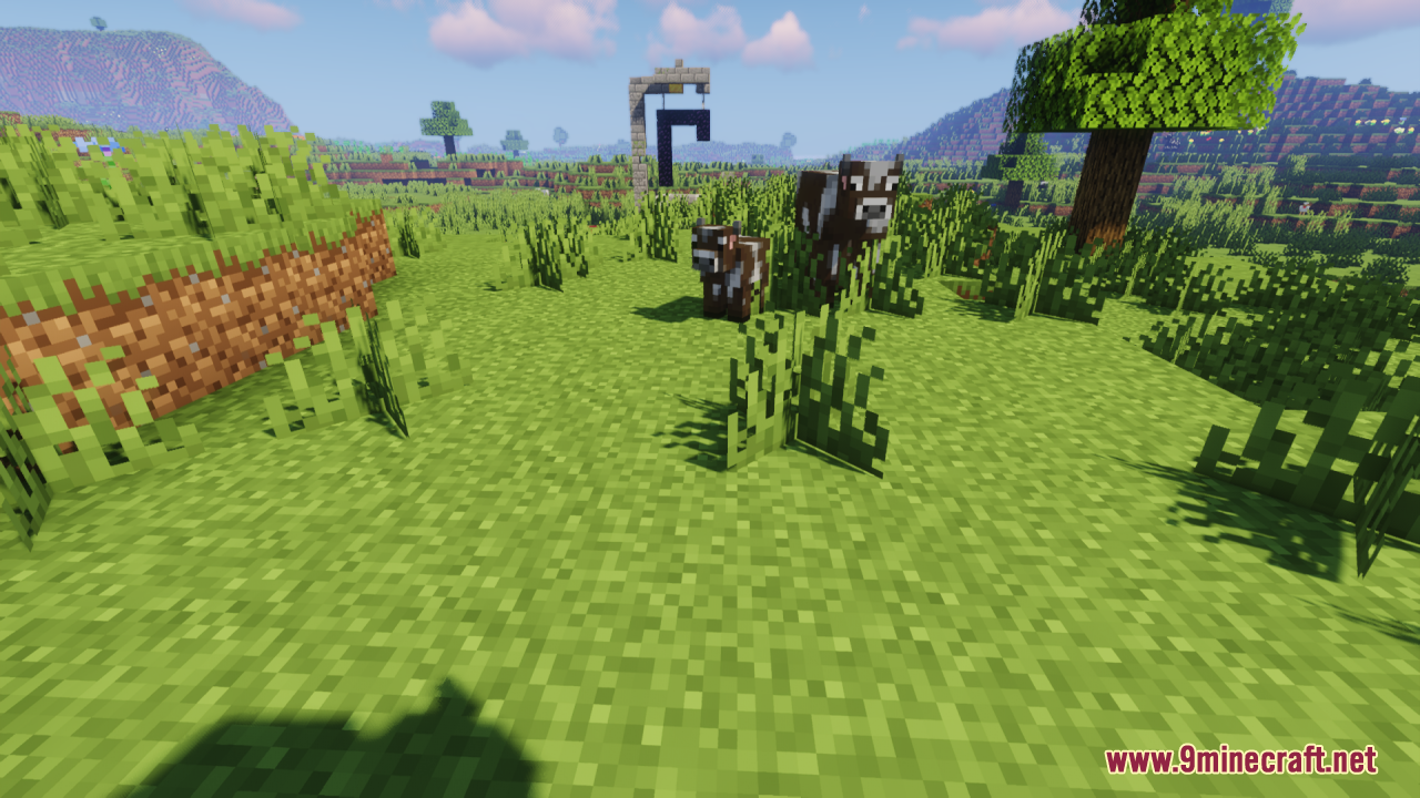 Baby Mobs Resource Pack Screenshot 4 A baby cow standing next to an adult cow in a grassy field