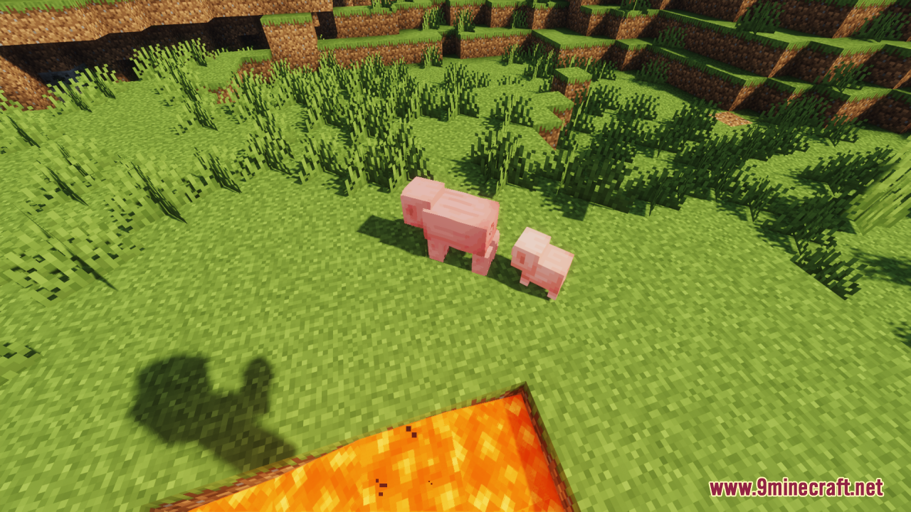 Baby Mobs Resource Pack Screenshot 7 Adult pig and baby pig standing on grass near a small lava pit