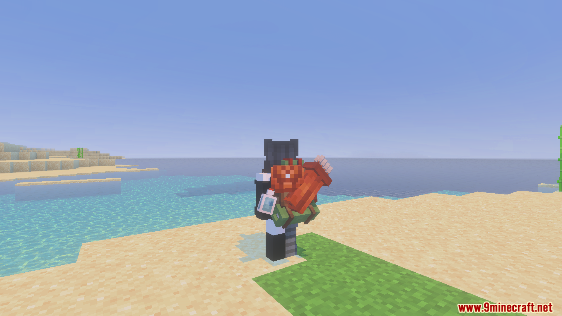 Backpacked Armor Texture Pack Screenshot 1 Player character wearing a cosmetic backpack on a sandy beach