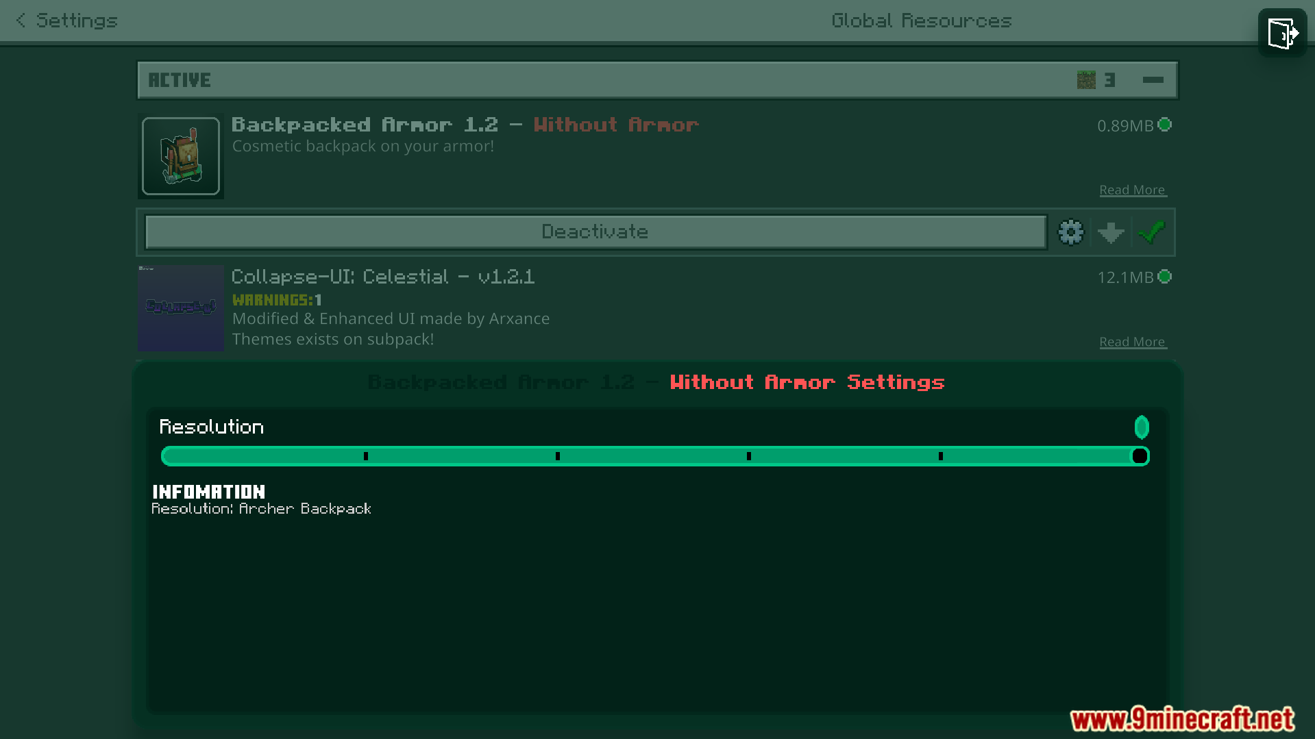 Backpacked Armor Texture Pack Screenshot 3 Settings menu for selecting the Archer Backpack resolution option
