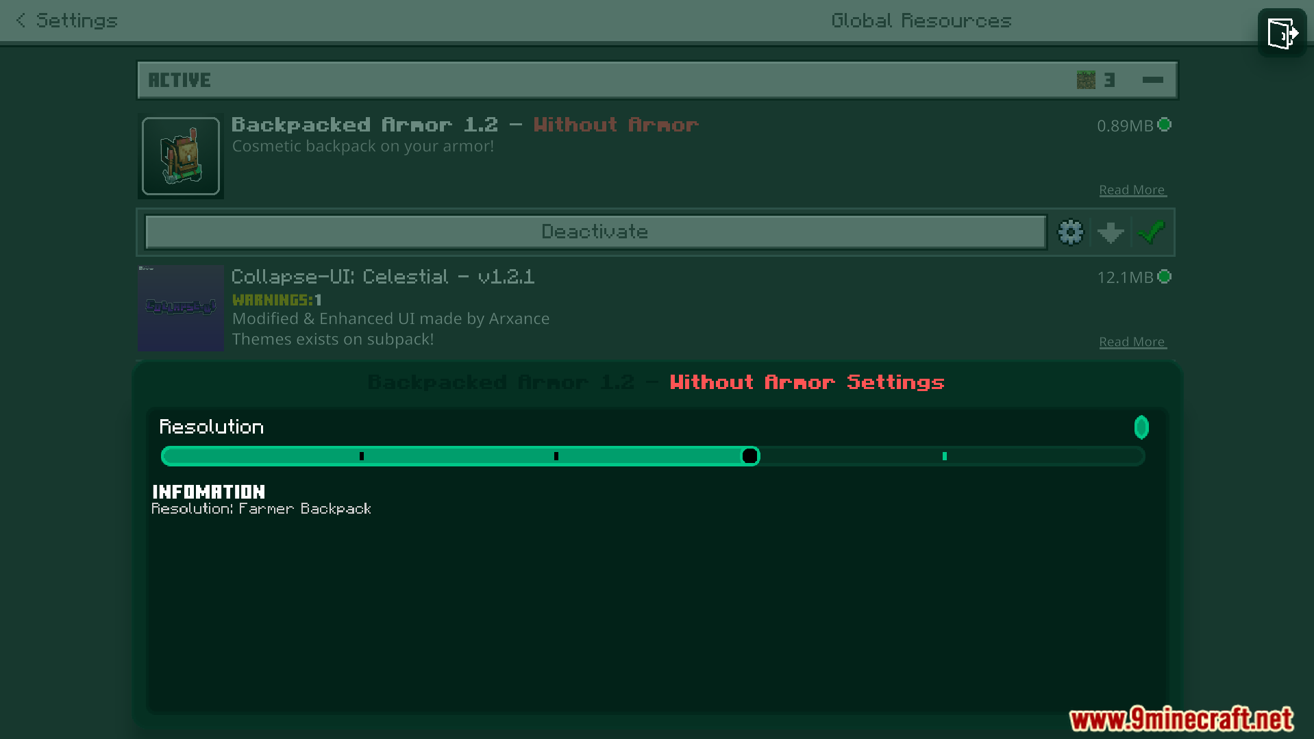 Backpacked Armor Texture Pack Screenshot 4 Settings menu showing the Farmer Backpack resolution option selected