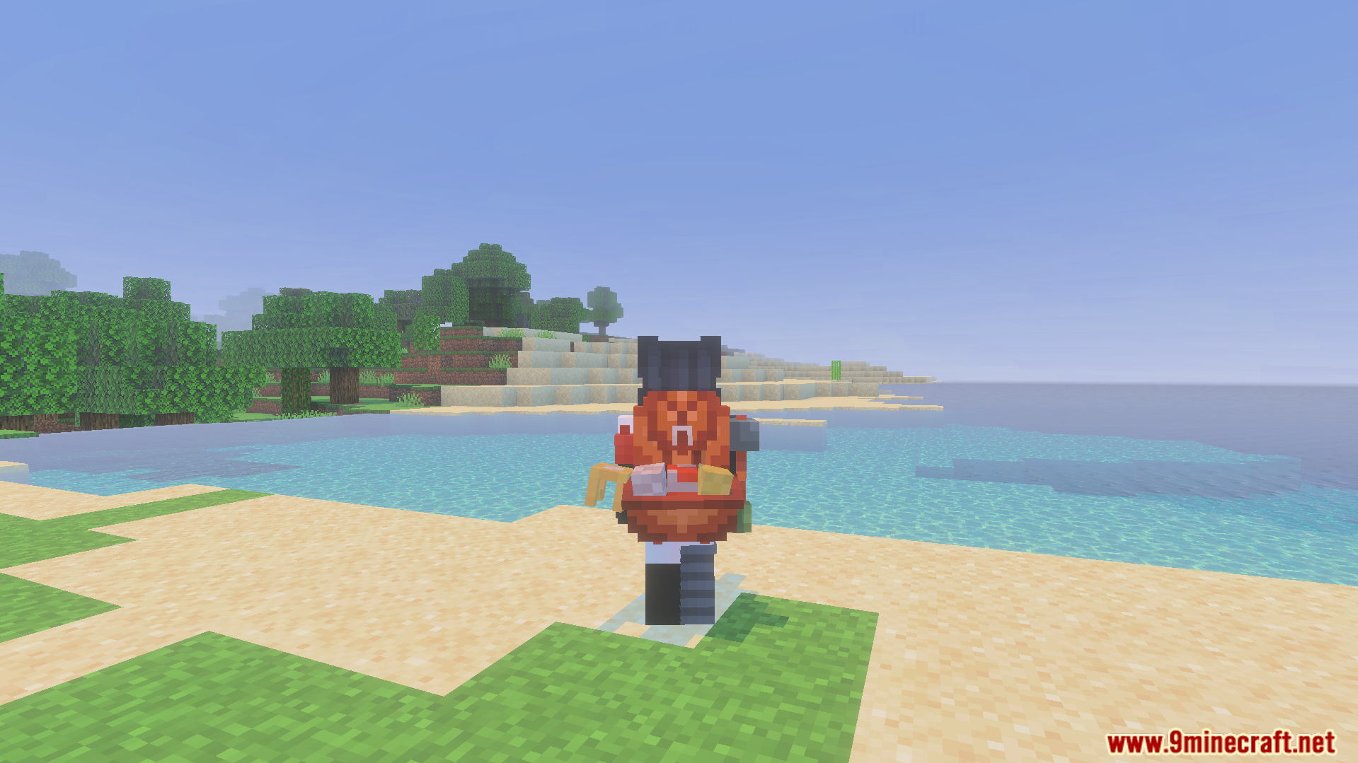 Backpacked Armor Texture Pack Screenshot 7 Player wearing a cosmetic miner backpack with tools on a beach