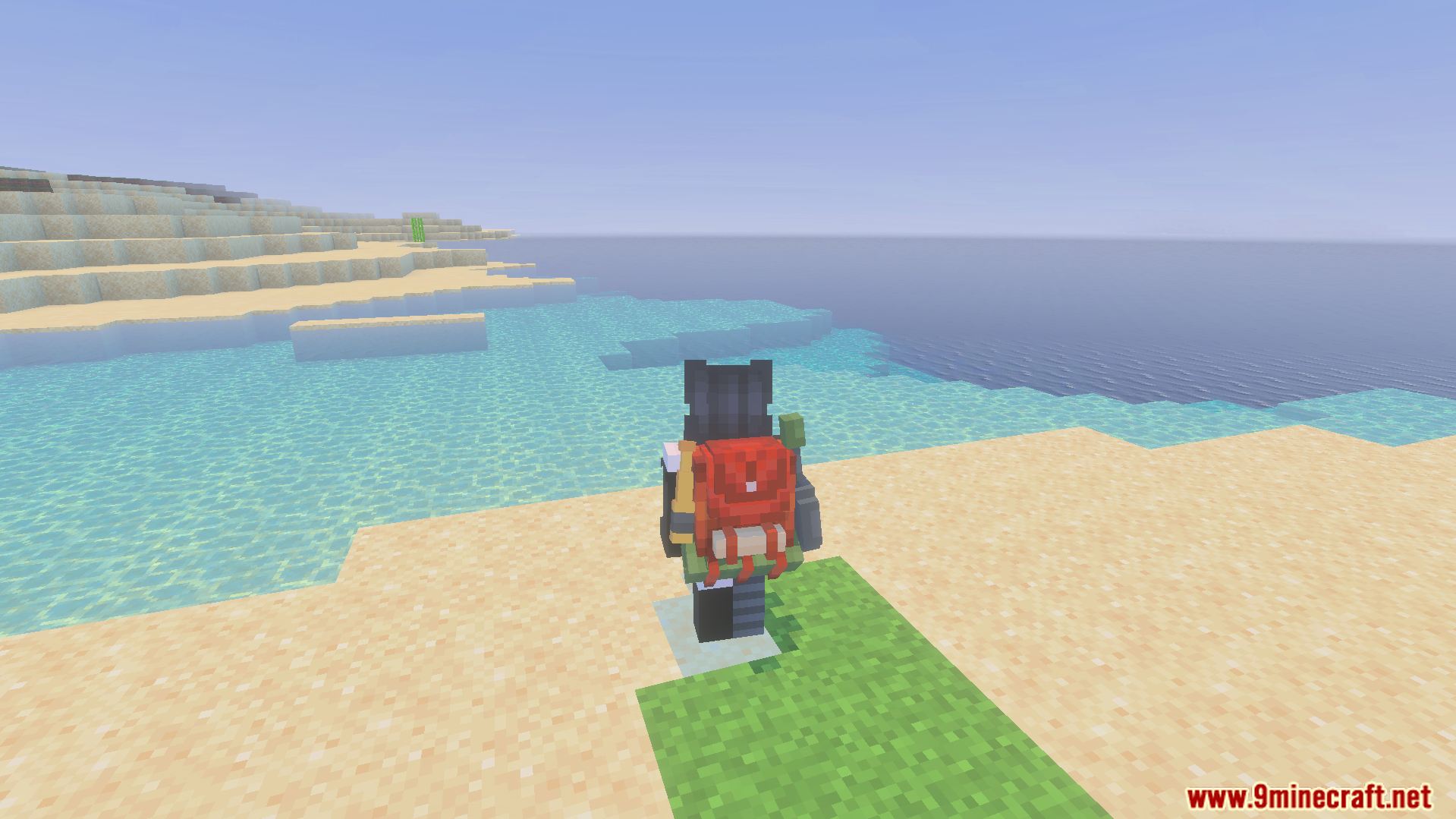 Backpacked Armor Texture Pack Screenshot 9 Player character wearing a custom cosmetic backpack model while traveling on a beach