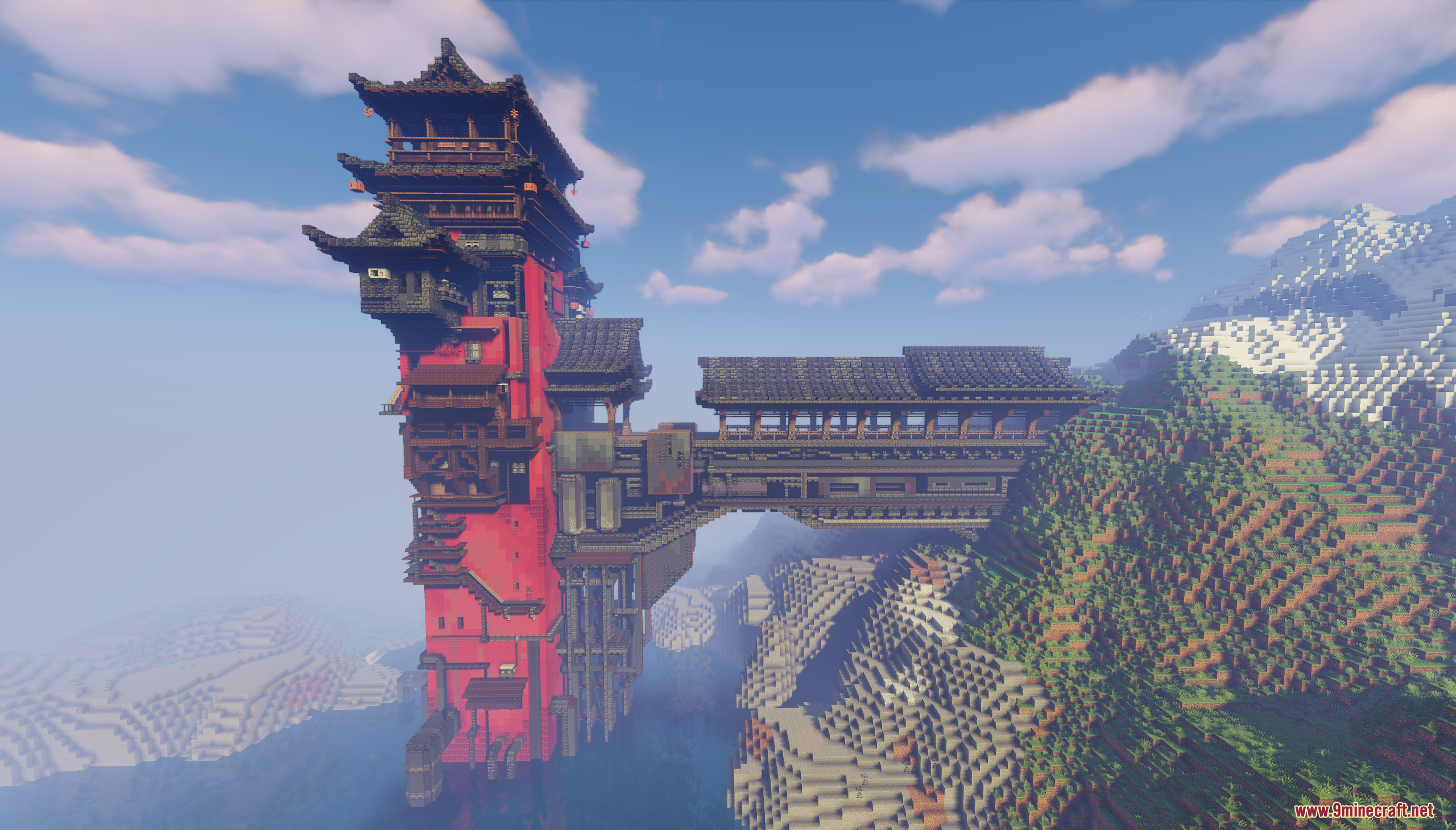 Overview of the tall red bathhouse map structure and bridge