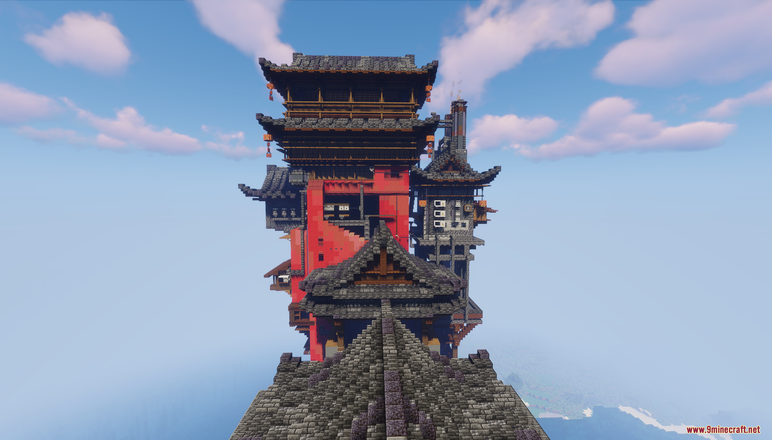 Front view of the towering red building in Bathhouse Map