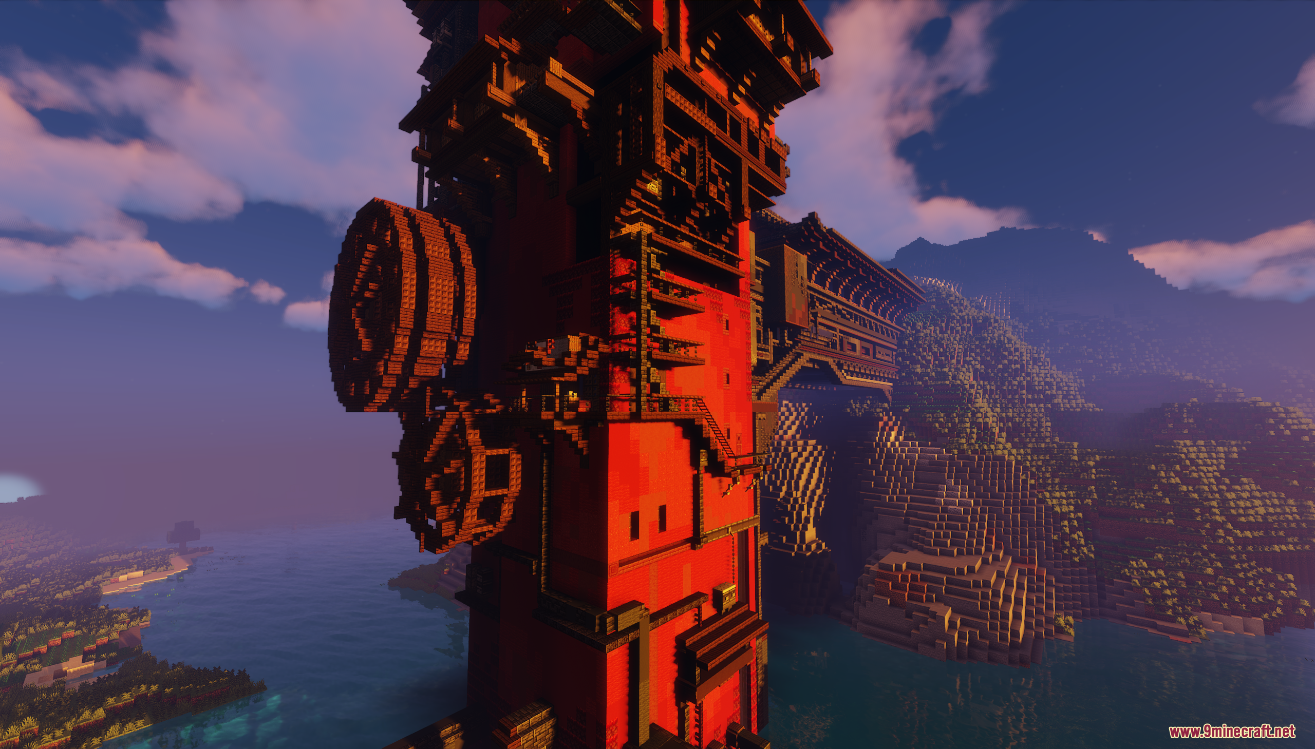 Tall red tower with large gears in Bathhouse Map