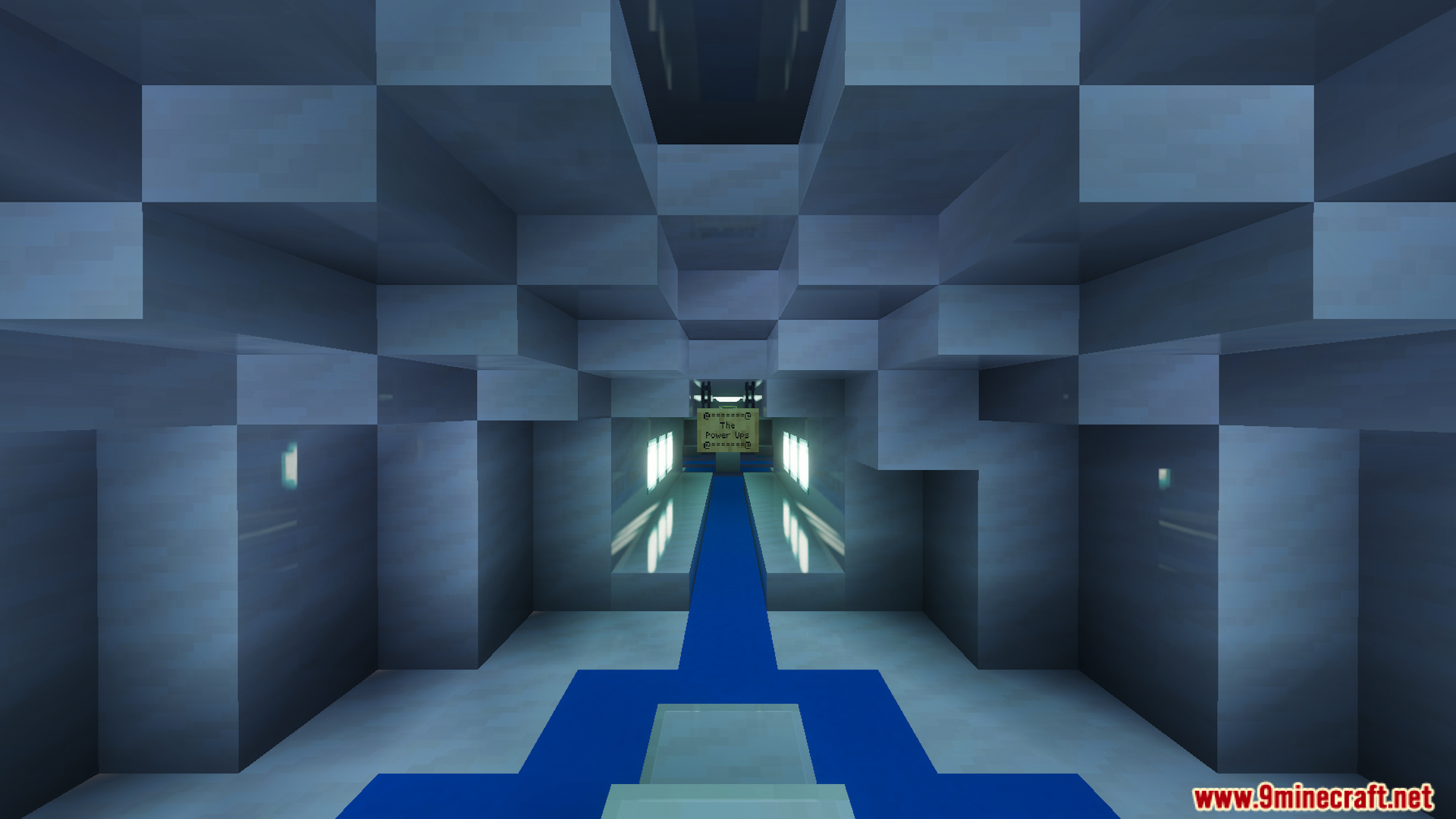 A futuristic blue hallway leading to a central arena in Battle Kaisen Map