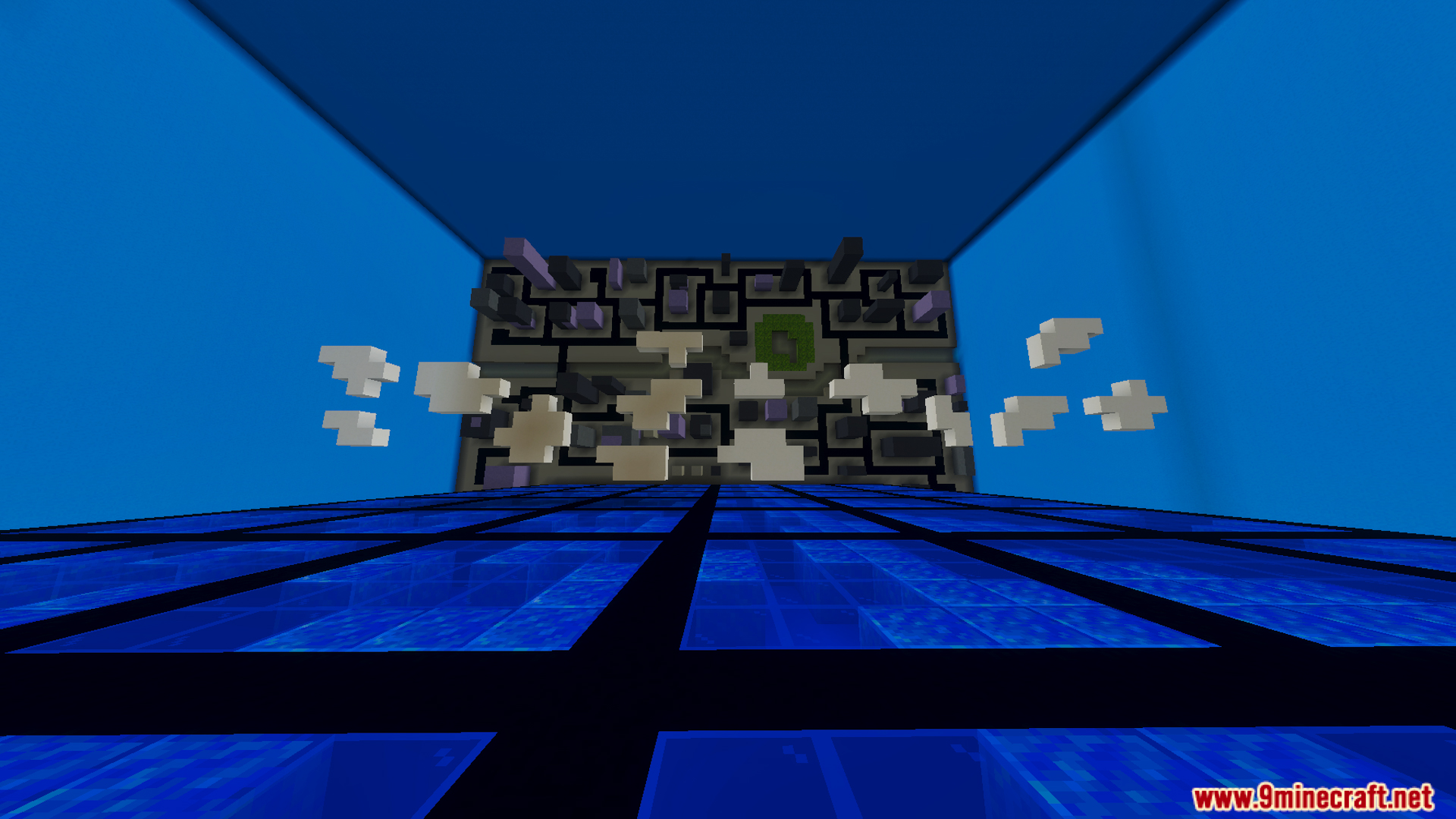 Top down view of a custom city battleground arena with roads and floating clouds