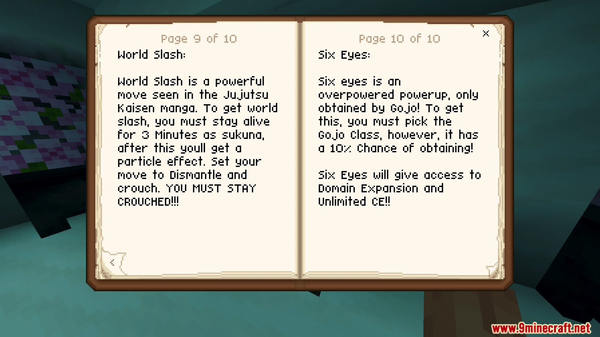 Open book detailing character abilities like World Slash and Six Eyes in Minecraft