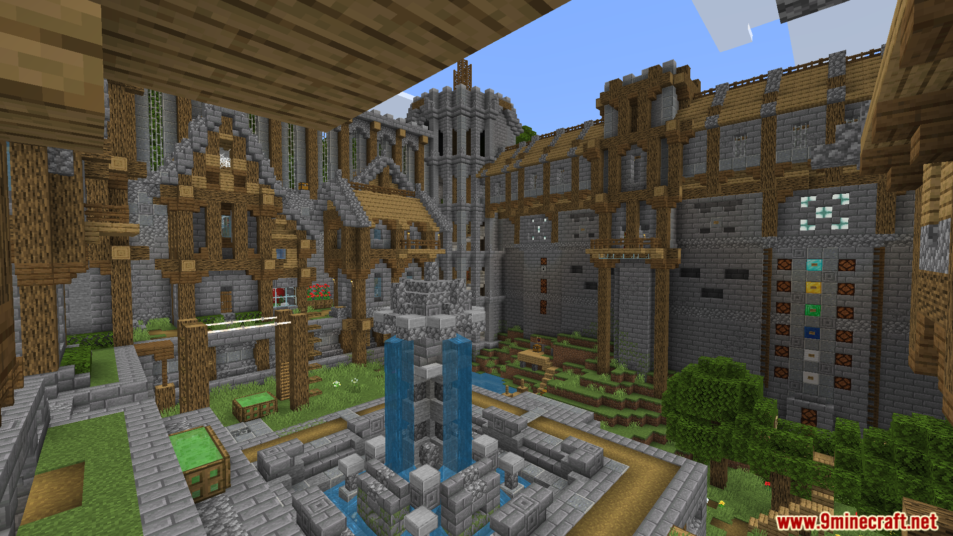 A large lobby with a fountain for exploring before battle