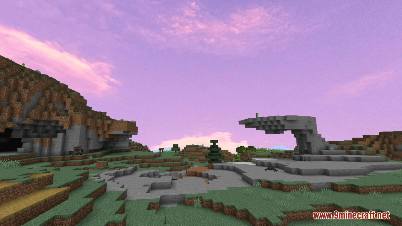 Minecraft landscape featuring a stone arch under a realistic pink cloudy sky