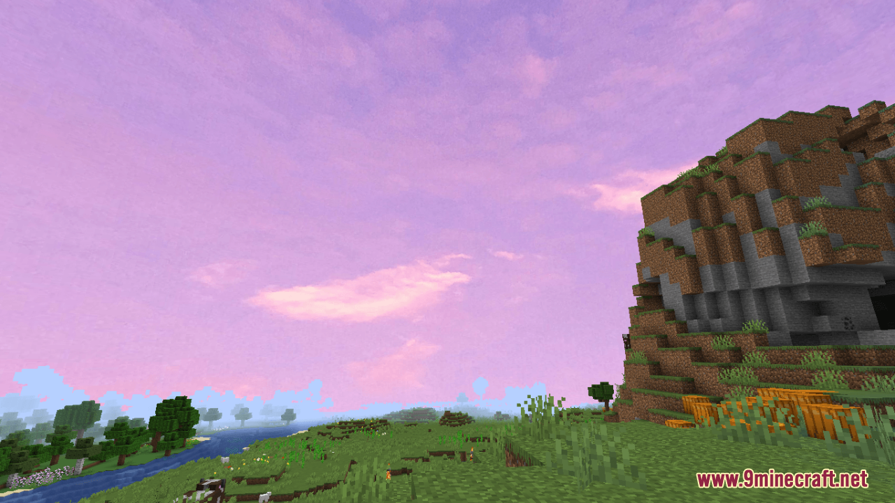 Realistic pink and purple clouds above a grassy Minecraft river and hill