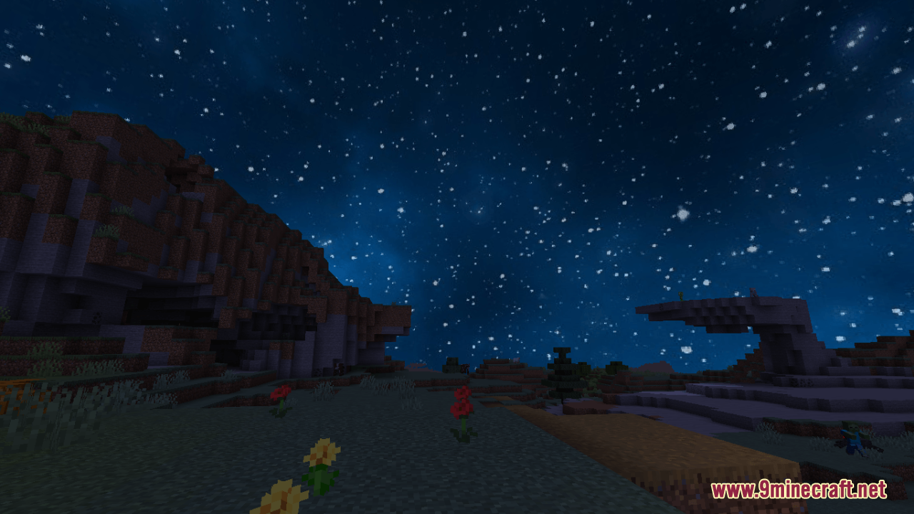 Custom starry night sky with blue nebula over a badlands biome landscape