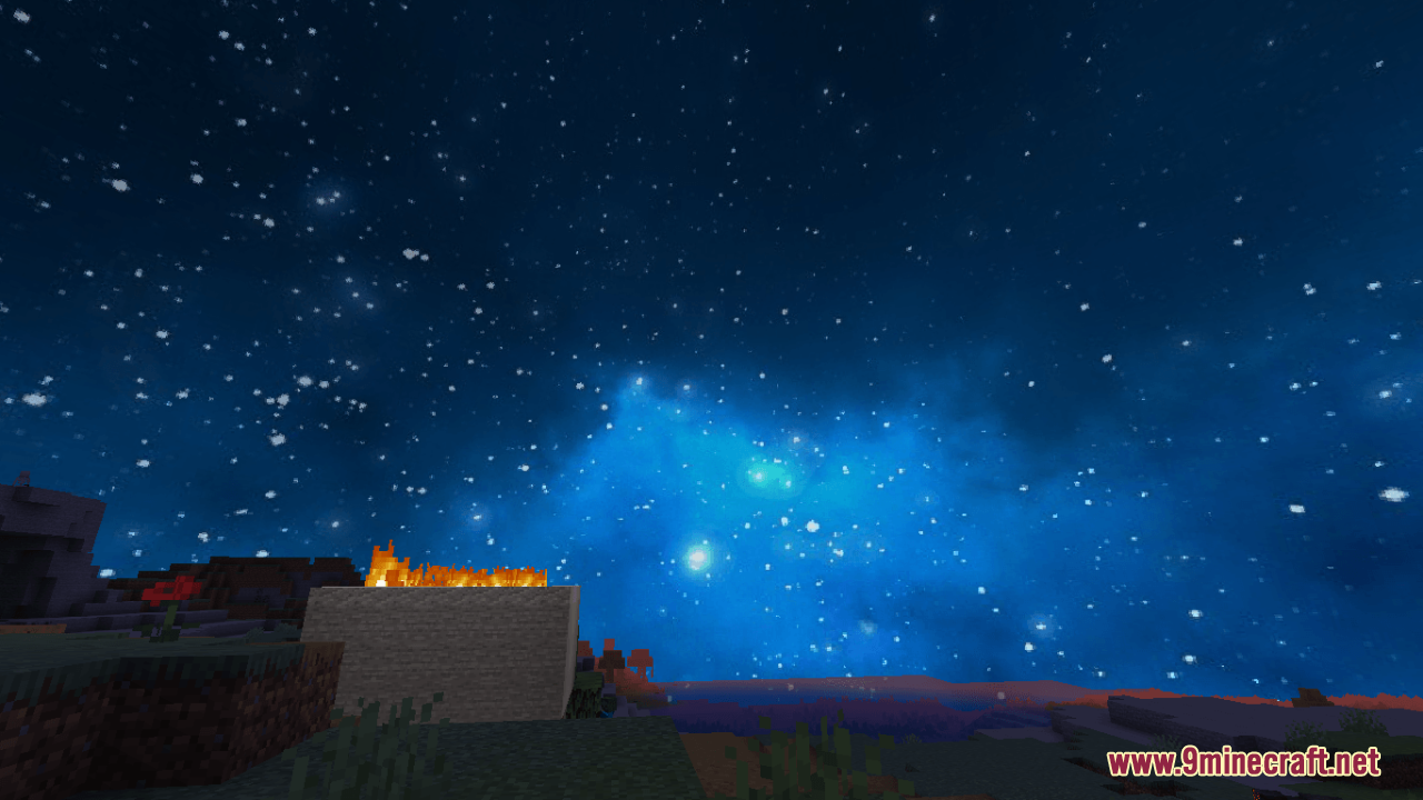 Glowing blue nebula in a custom starry sky above a small burning structure