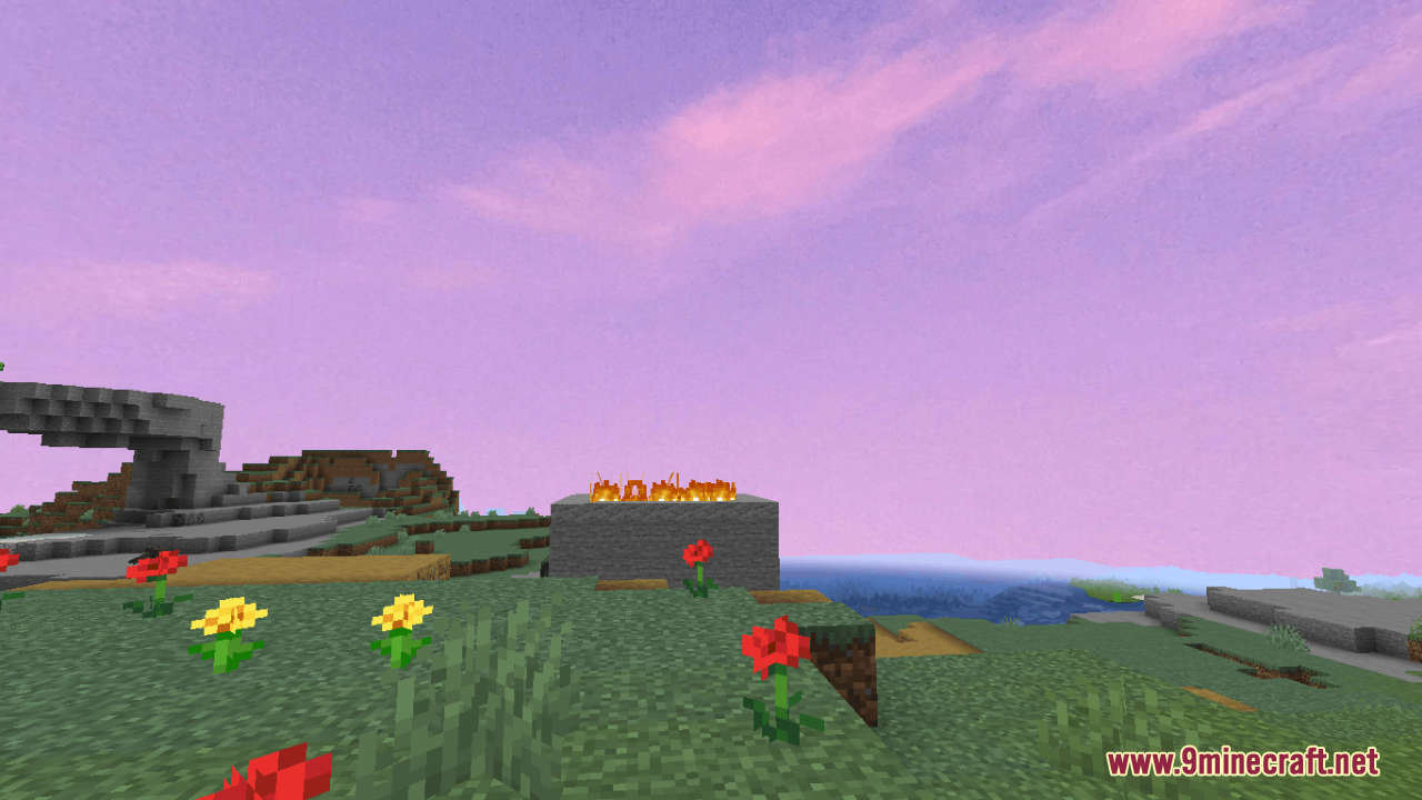 A view of a grassy landscape under a pink sky in Minecraft