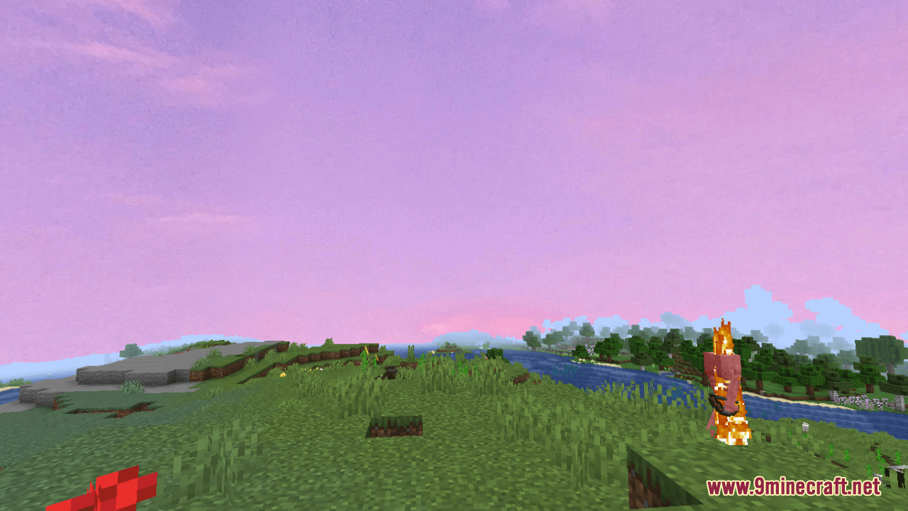 A player stands in a grassy field under a pink sky