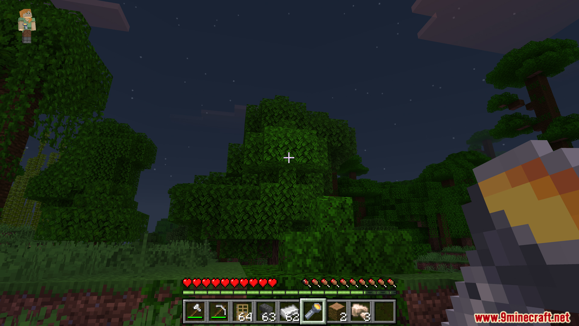 Bedrock Essentials+ Addon Screenshot 16 A player explores a dark jungle at night with tools