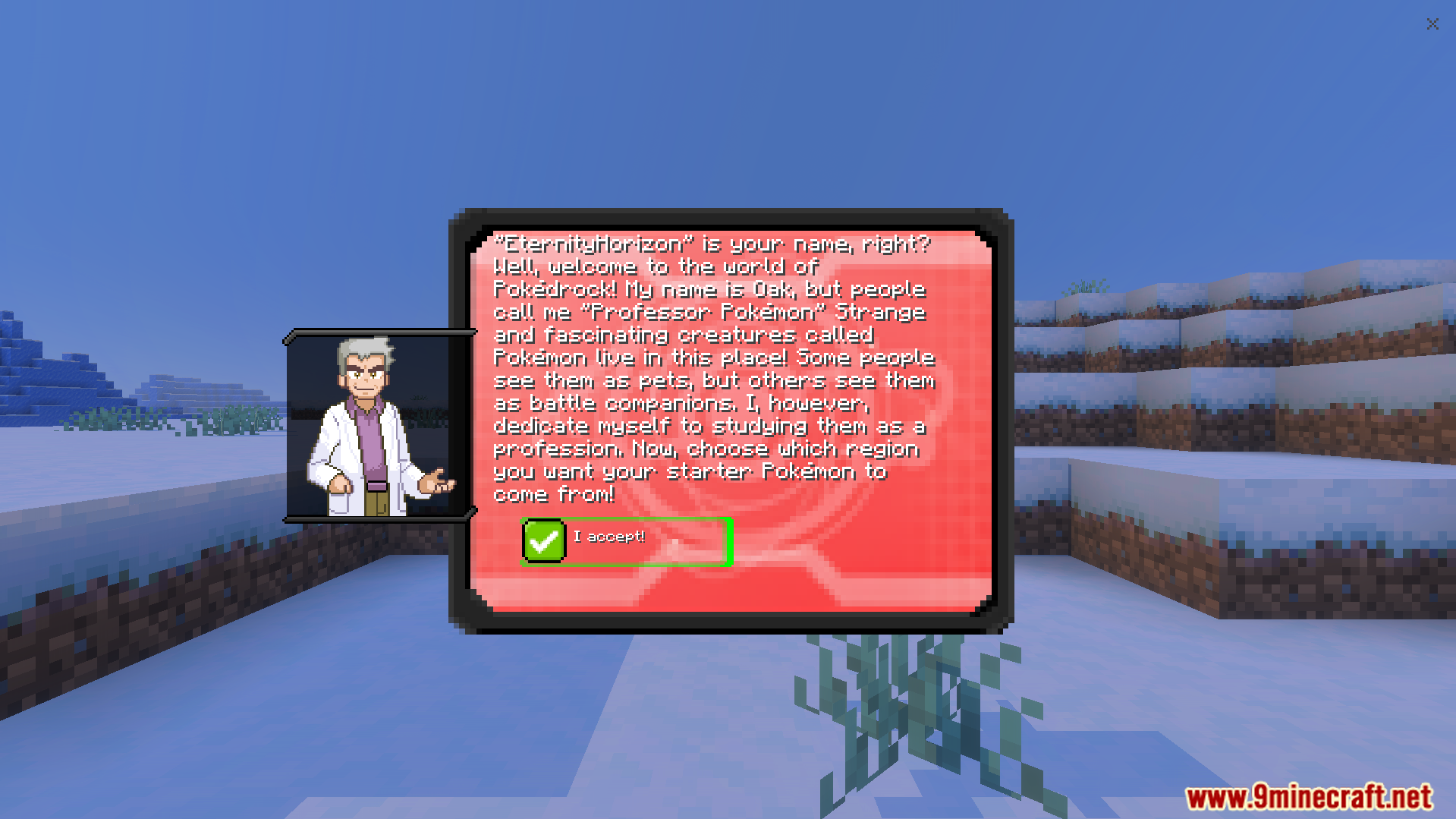 Bedrockmon Addon Screenshot 1 Professor Oak welcomes the player to the world of Pokedrock in Minecraft