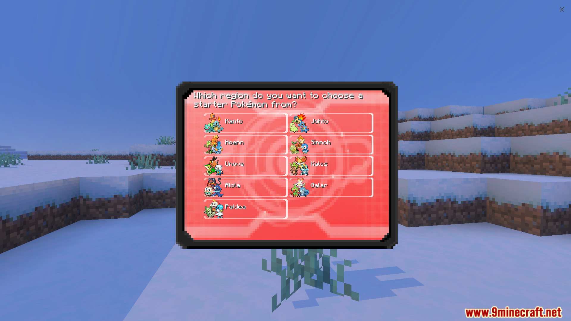 Bedrockmon Addon Screenshot 2 A menu for choosing a starter Pokemon region in the Bedrockmon Addon