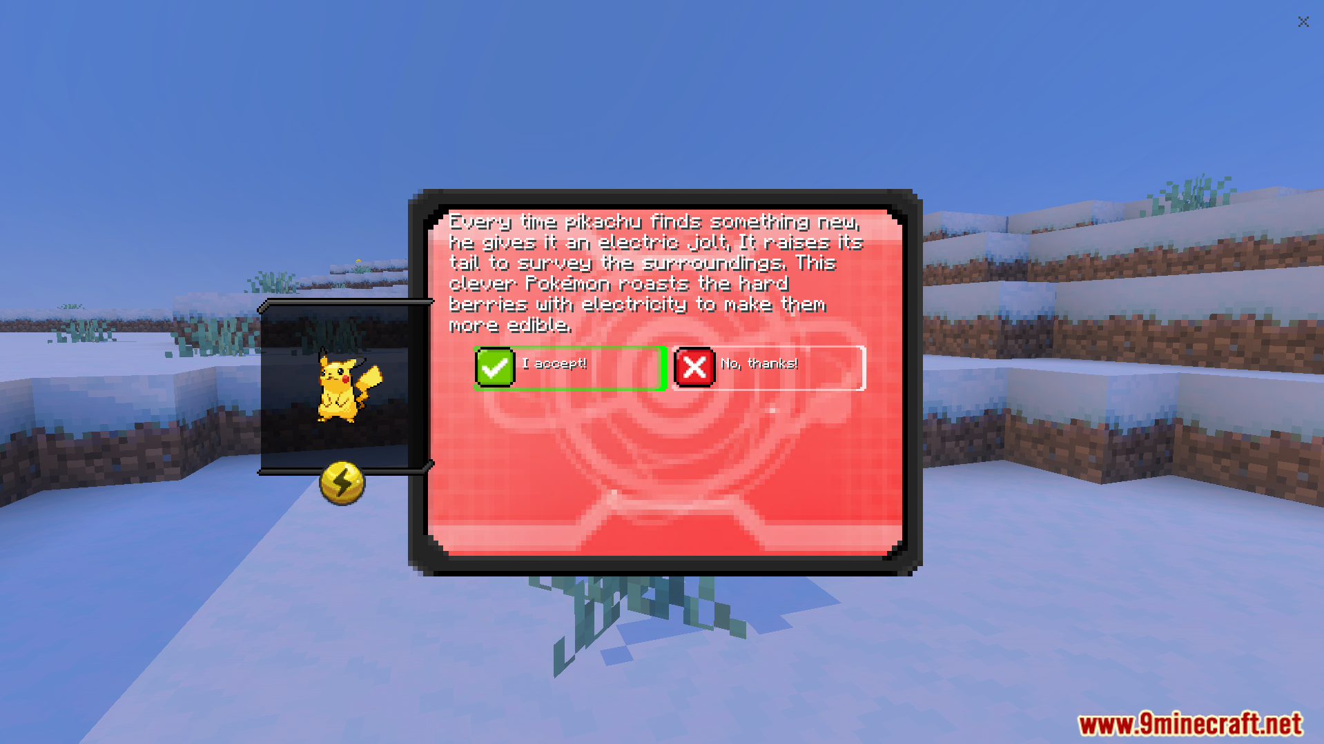 Bedrockmon Addon Screenshot 3 Player choosing Pikachu as a starter Pokemon in the Bedrockmon Addon