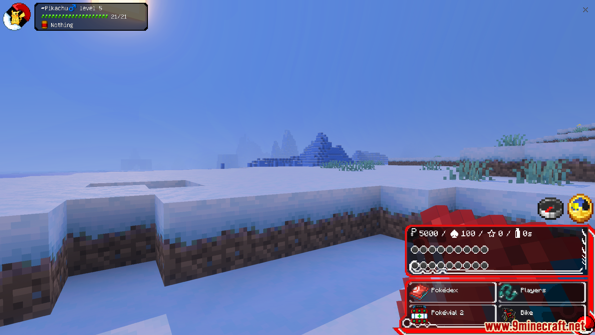 Bedrockmon Addon Screenshot 4 Custom Pokemon themed interface displayed over a snowy Minecraft landscape