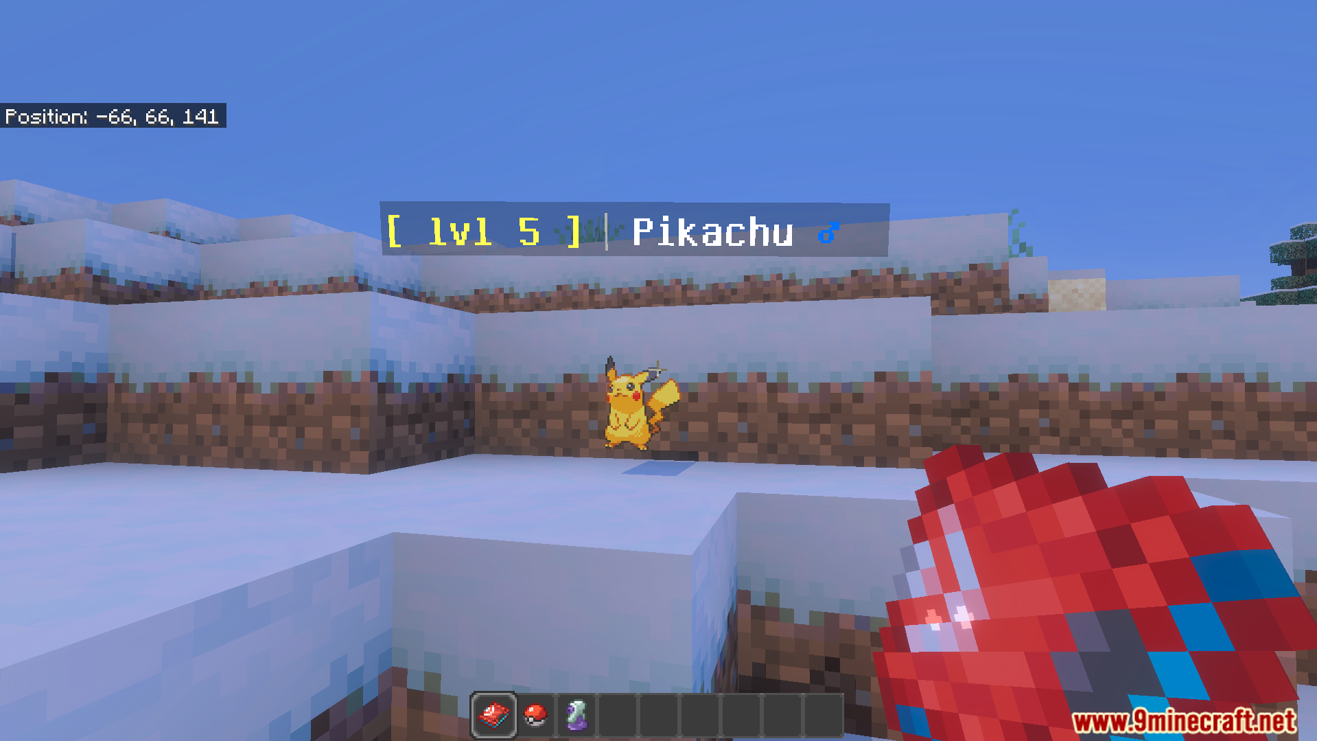 Bedrockmon Addon Screenshot 5 Player encounters a level five Pikachu in a snowy Minecraft biome