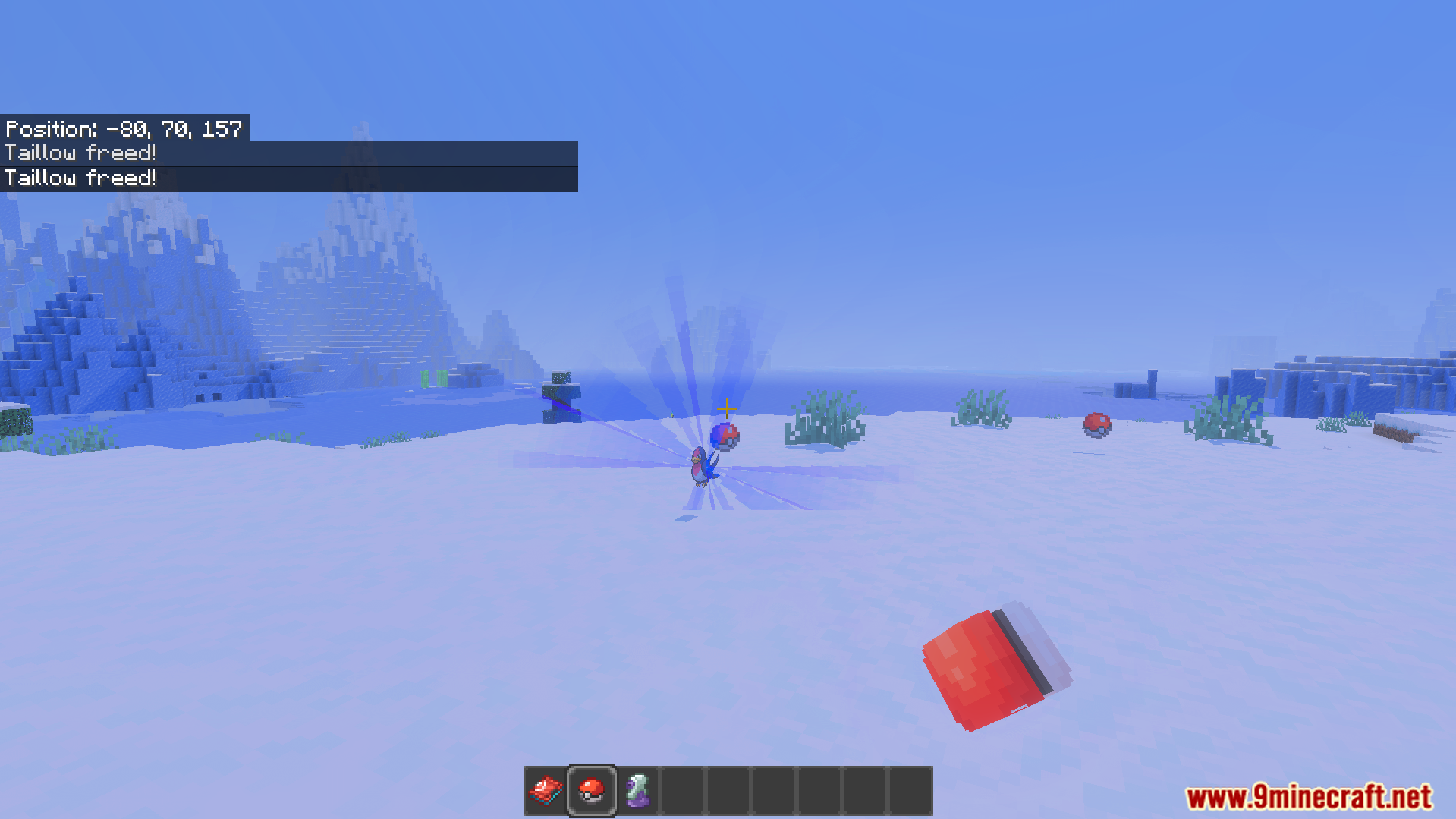 Bedrockmon Addon Screenshot 7 Player releasing a Taillow from a Pokeball in a snowy Minecraft biome